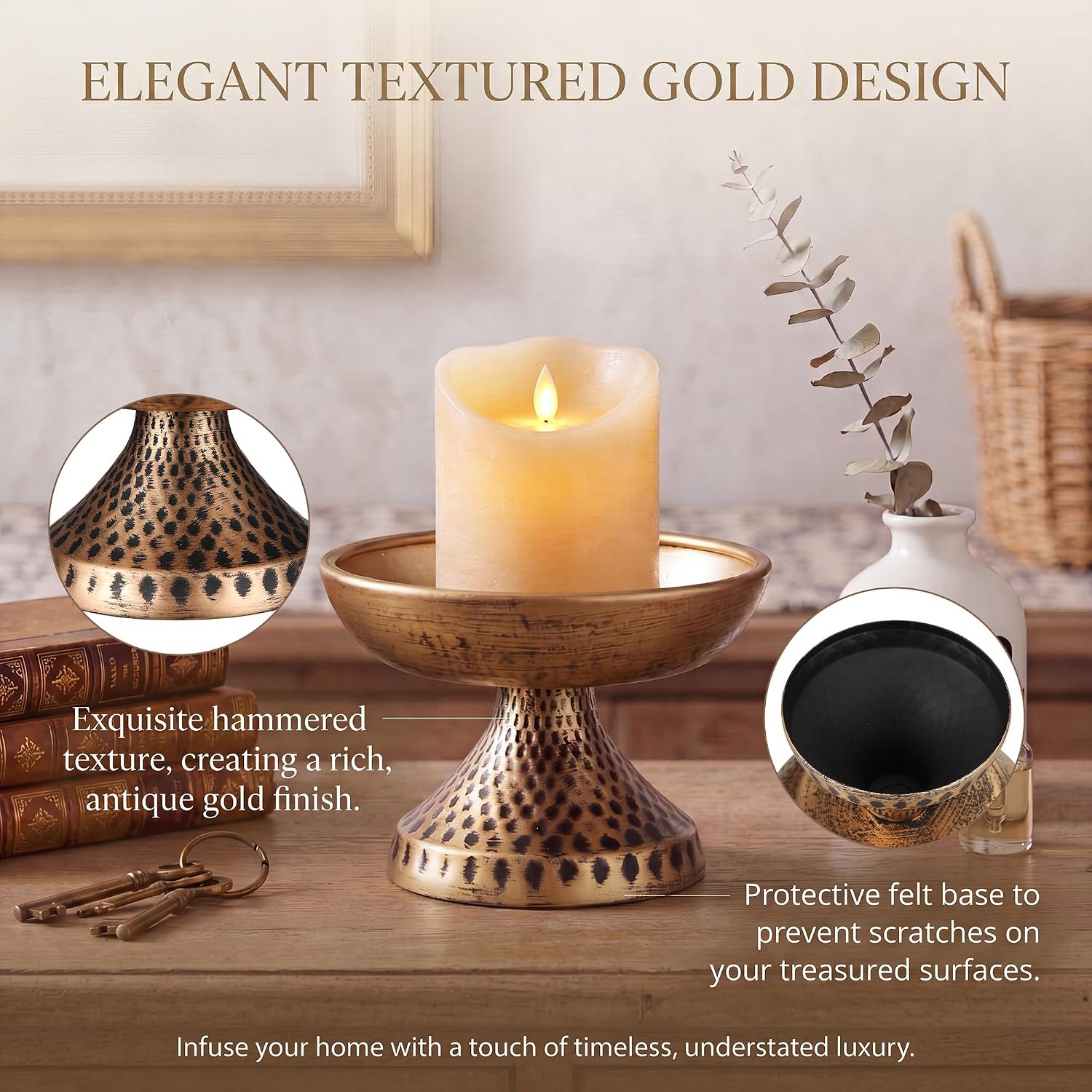 Set of 4 Gold Pillar Candle Holder, 3.5'' Decorative Antique Metal Candle Holders Vintage Centerpiece Dishes Pedestal Bowls for Wedding, Home, Dining Table, Fireplace Mantel, Shelf Decor - Image 3