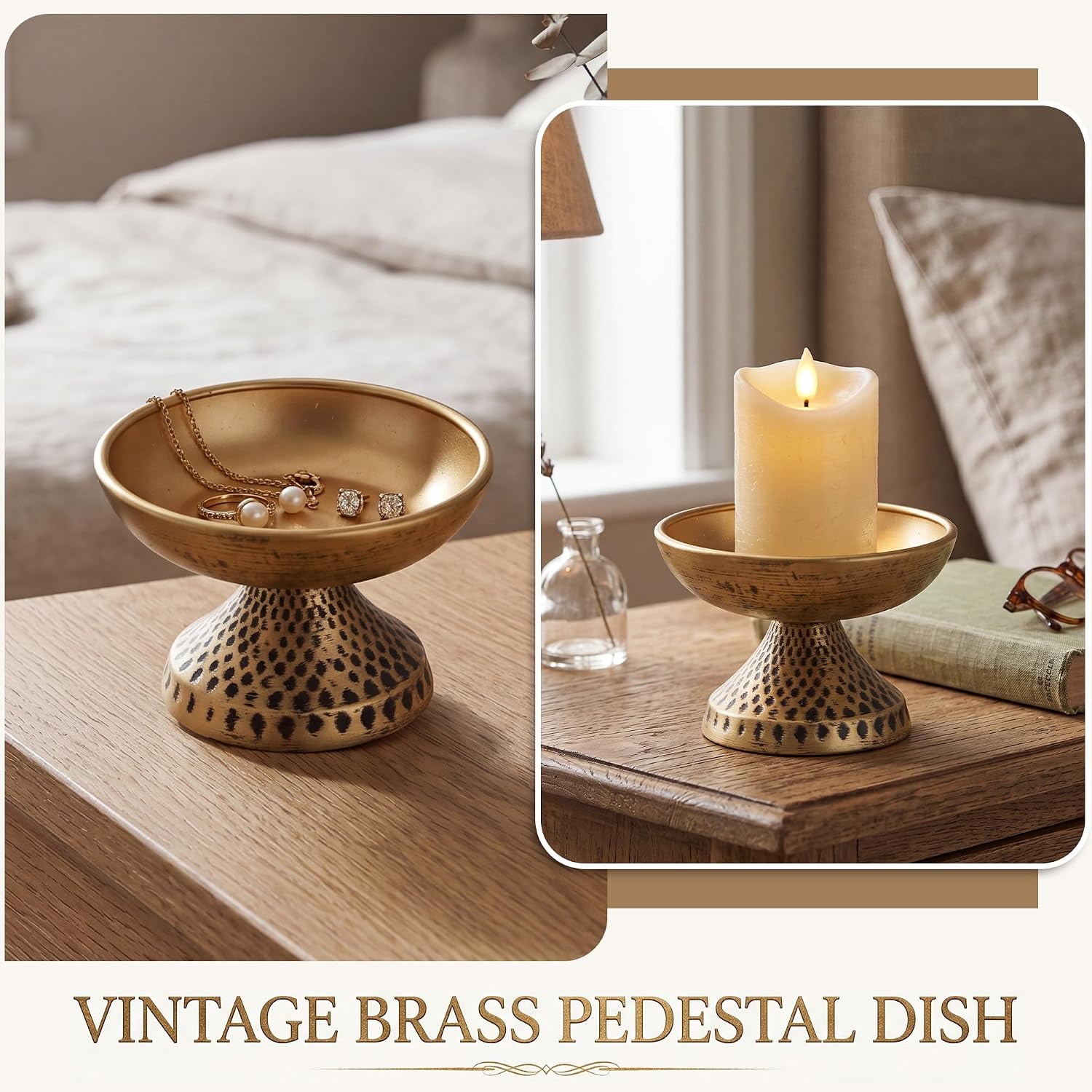 Set of 4 Gold Pillar Candle Holder, 3.5'' Decorative Antique Metal Candle Holders Vintage Centerpiece Dishes Pedestal Bowls for Wedding, Home, Dining Table, Fireplace Mantel, Shelf Decor - Image 4