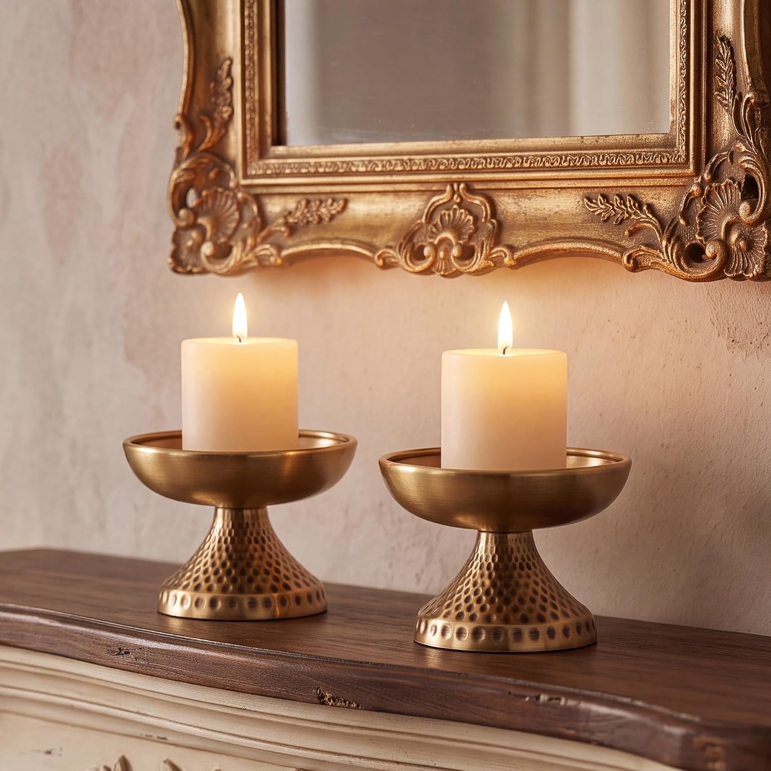 Set of 4 Gold Pillar Candle Holder, 3.5'' Decorative Antique Metal Candle Holders Vintage Centerpiece Dishes Pedestal Bowls for Wedding, Home, Dining Table, Fireplace Mantel, Shelf Decor - Image 5