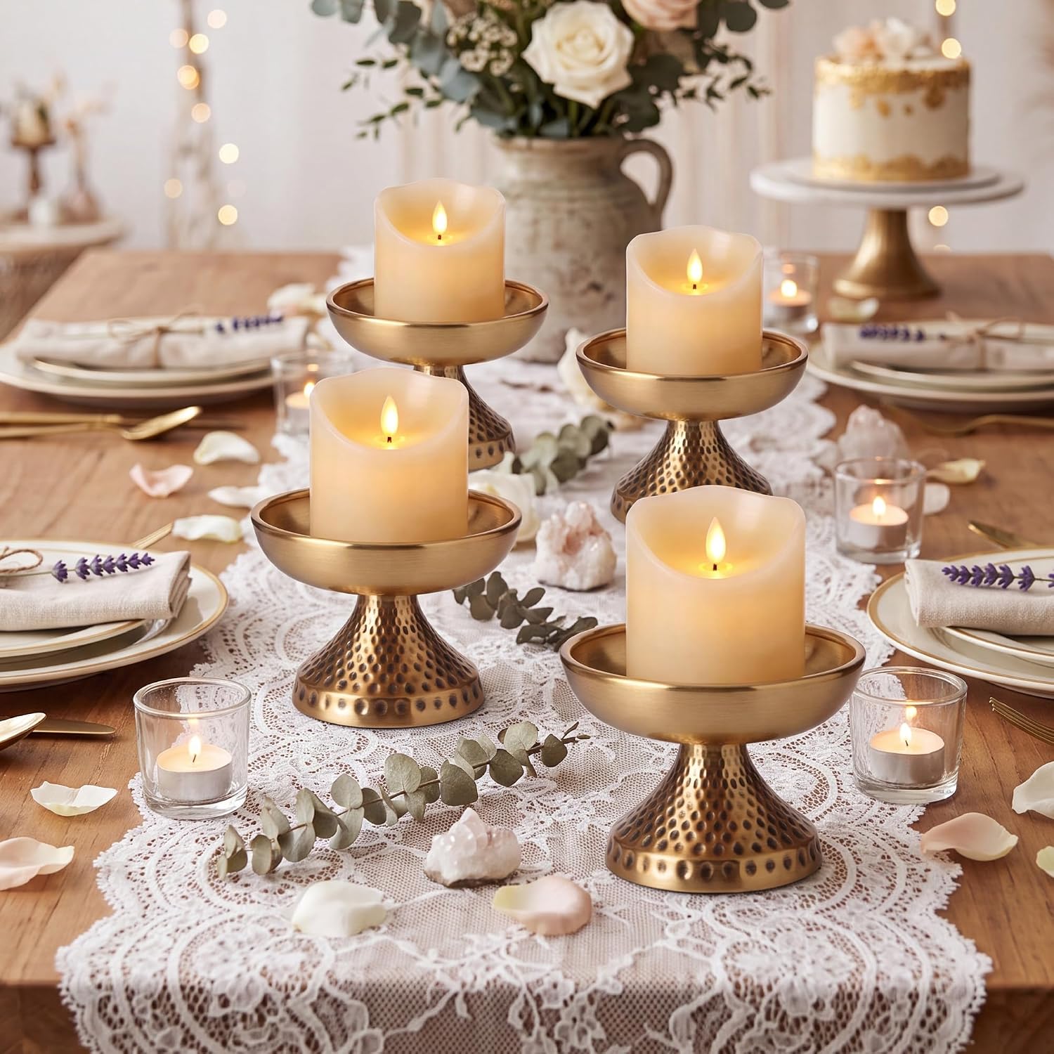 Set of 4 Gold Pillar Candle Holder, 3.5'' Decorative Antique Metal Candle Holders Vintage Centerpiece Dishes Pedestal Bowls for Wedding, Home, Dining Table, Fireplace Mantel, Shelf Decor - Image 6