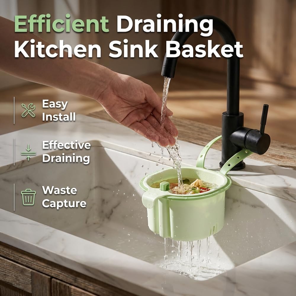 Sink Hanging Strainer Basket with Openable Bottom Cover, Kitchen Food Waste Collector for Sink Garbage Filter, Quick Draining Colander for Cooking and Food Prep (Green) - Image 2