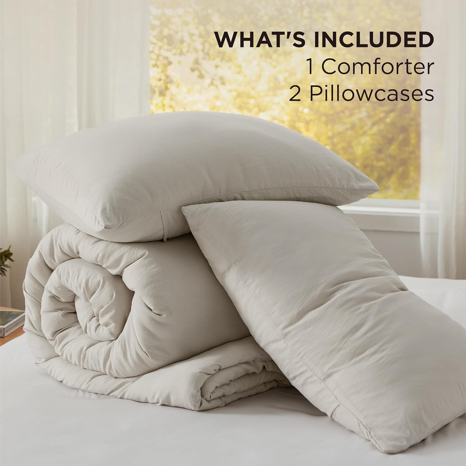Bedsure Queen Comforter Set, Beige Soft Prewashed Bedding for All Seasons, 3 Pieces GentleSoft™ Bed Set, 1 Lightweight Comforter (90"x90") and 2 Pillowcases (20"x26") - Image 6