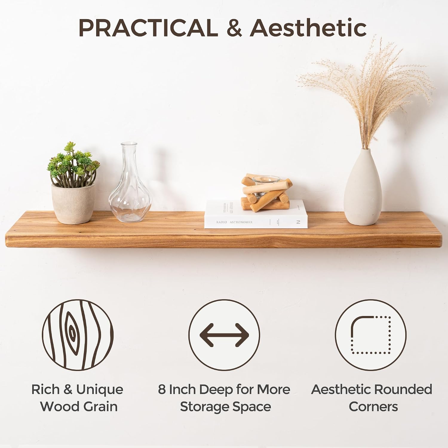 36" Rustic Elm Wood Floating Shelves, 8 Inch Deep Wall Shelves for Home Decor, Wall Mounted Floating Shelf with Invisible Bracket, Heavy-Duty Storage & Display Shelf for Living Room, Kitchen, Set of 2 - Image 6