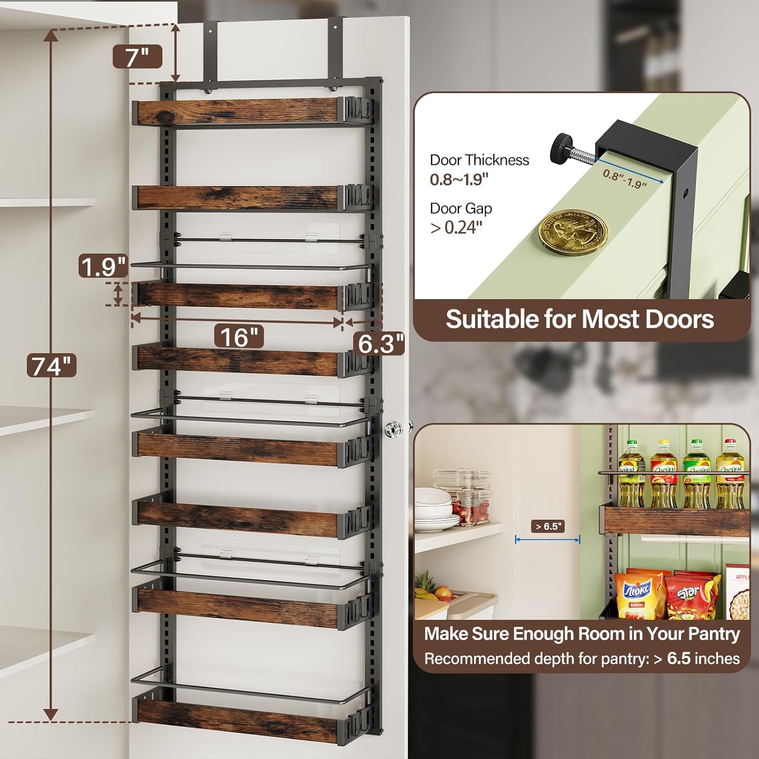 8 Tier Over The Door Pantry Organizer, 2 IN 1 Wall Mount or Metal Hanging Spice Rack for Pantry Organizers and Storage, Seasoning Shelves,Adjustable Basket with Hooks for Kitchen Cabinet and Closet - Image 2