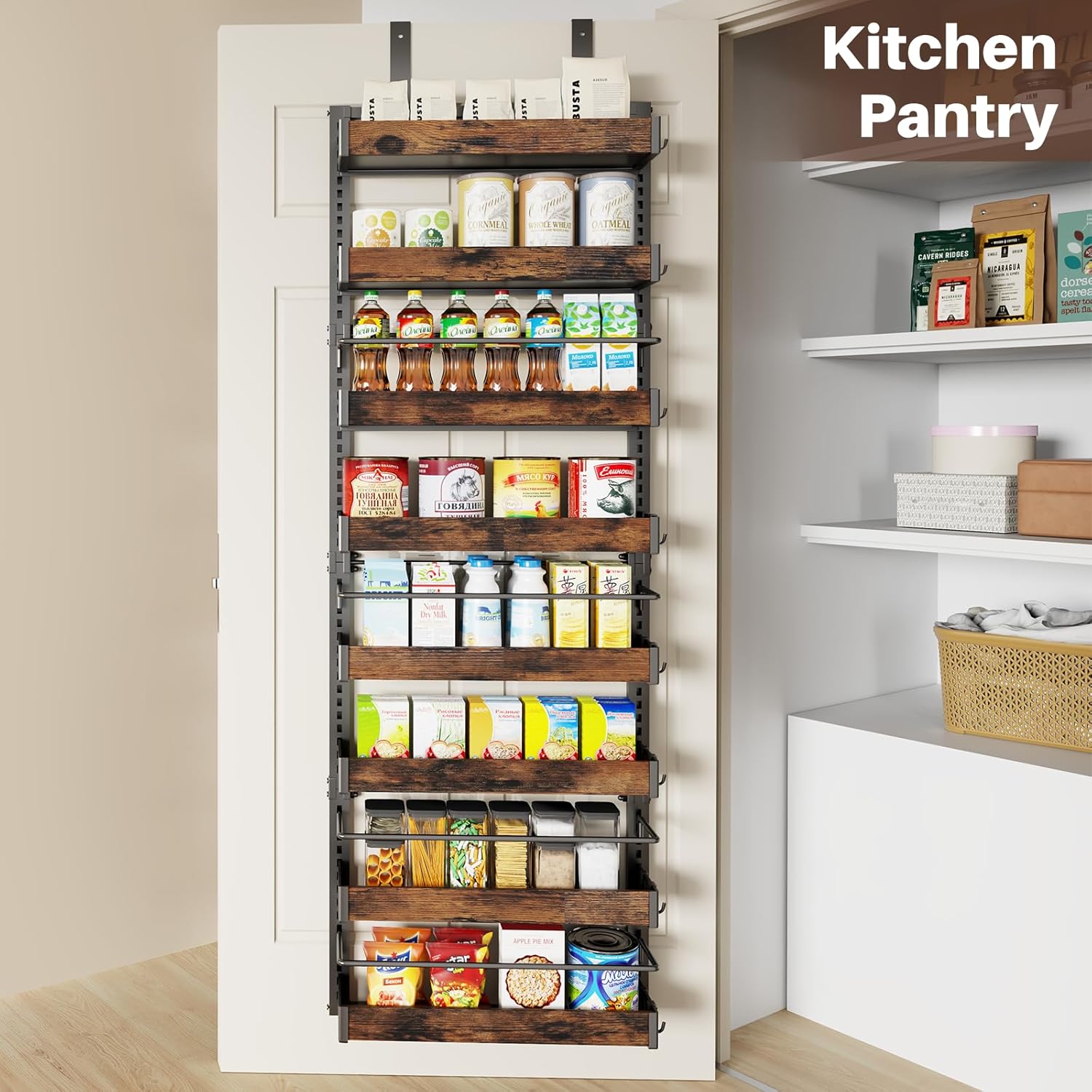 8 Tier Over The Door Pantry Organizer, 2 IN 1 Wall Mount or Metal Hanging Spice Rack for Pantry Organizers and Storage, Seasoning Shelves,Adjustable Basket with Hooks for Kitchen Cabinet and Closet - Image 4