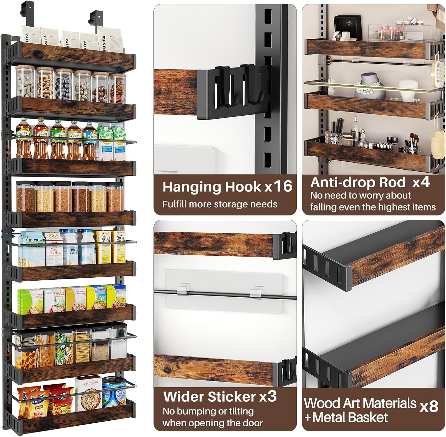 8 Tier Over The Door Pantry Organizer, 2 IN 1 Wall Mount or Metal Hanging Spice Rack for Pantry Organizers and Storage, Seasoning Shelves,Adjustable Basket with Hooks for Kitchen Cabinet and Closet - Image 7