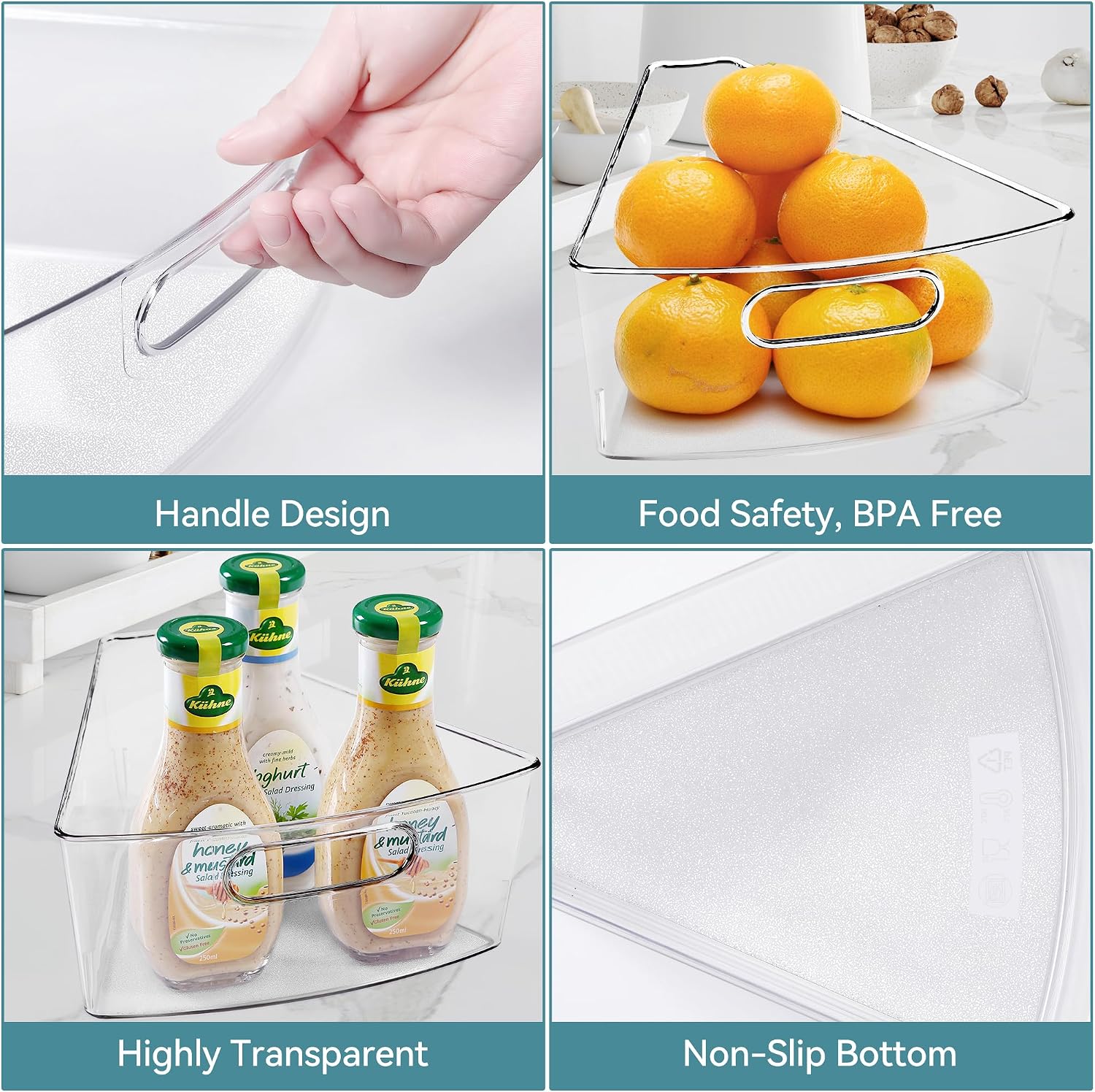 Oubonun Lazy Susan Organizers Set of 6, 10.2”x 9.4”x 4” Plastic Transparent Kitchen Cabinet Storage Bins with Handle, 4" Deep Container, 1/8 Wedge - Food Safe, without BPA - Image 4