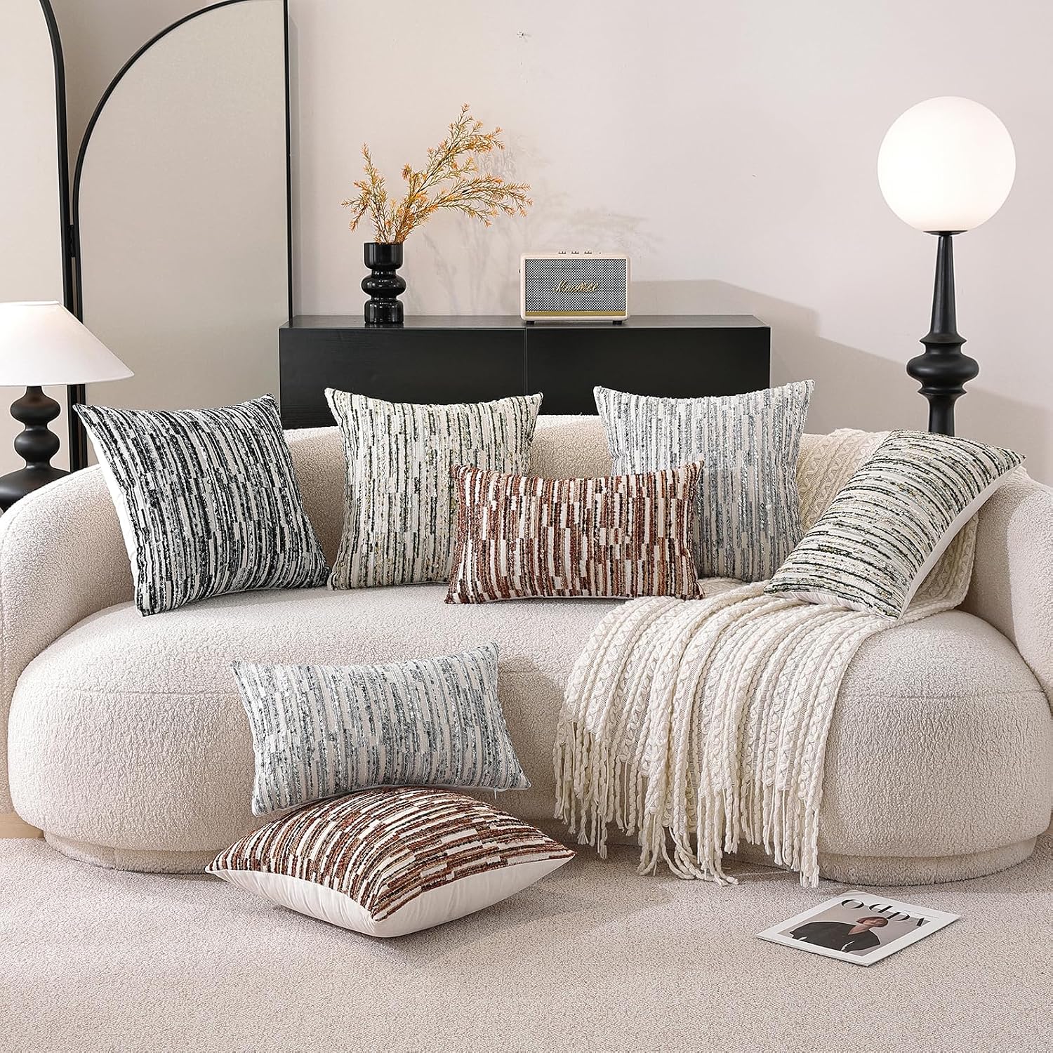 Striped Throw Pillow Covers 18x18 Set of 2 Green Textured Boucle Chic Morden Boho Accent Farmhouse Decorative Chenille Pillow Covers for Home Decor Bed Sofa Living Room - Image 4