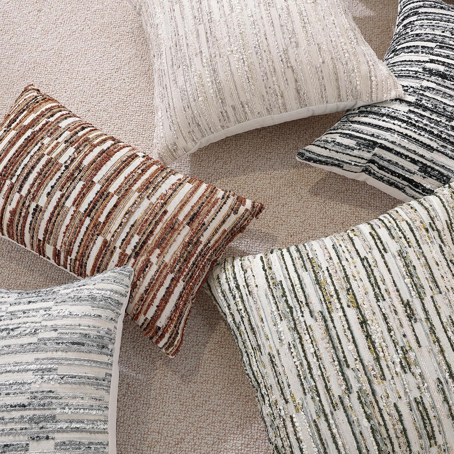 Striped Throw Pillow Covers 18x18 Set of 2 Green Textured Boucle Chic Morden Boho Accent Farmhouse Decorative Chenille Pillow Covers for Home Decor Bed Sofa Living Room - Image 7