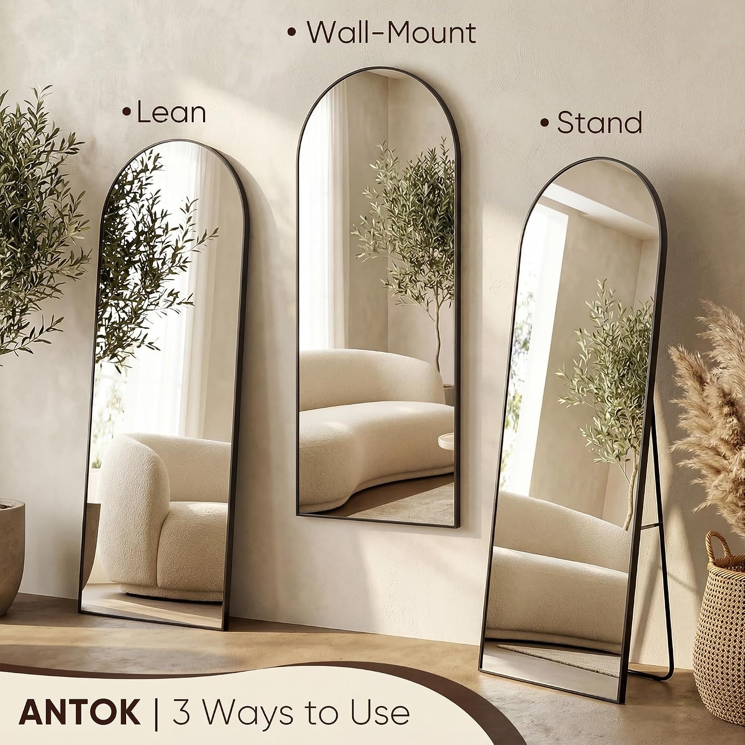 Antok 71" x32” Arched Full Length Floor Mirror, Black Aluminum Frame, Free Standing/Wall Mount/Leaning for Bedroom, Living Room, Dressing Room - Image 5