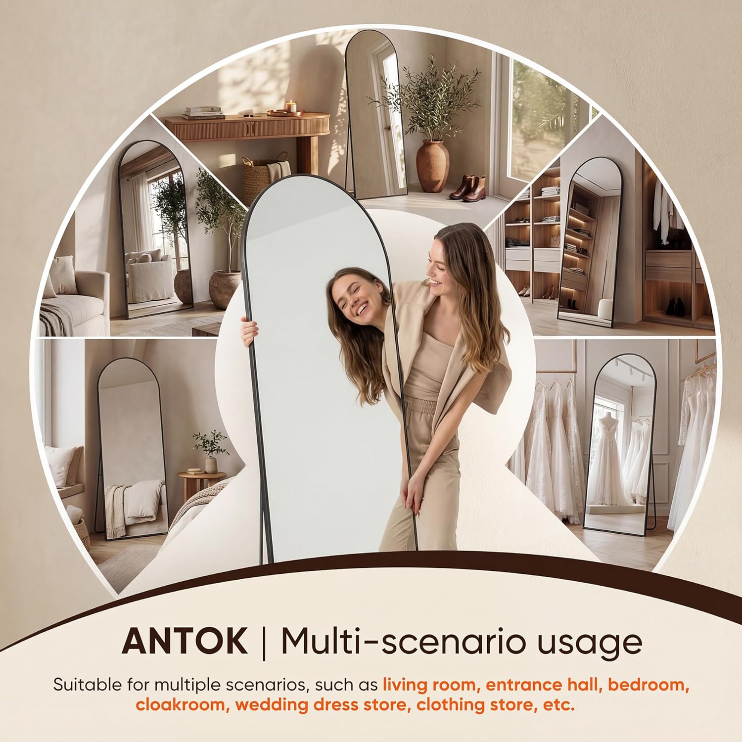 Antok 71" x32” Arched Full Length Floor Mirror, Black Aluminum Frame, Free Standing/Wall Mount/Leaning for Bedroom, Living Room, Dressing Room - Image 8