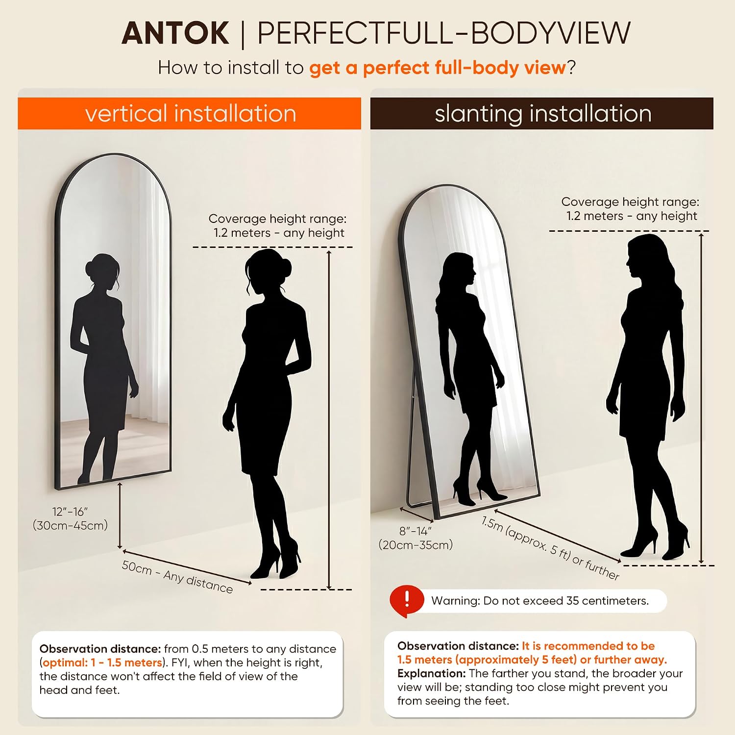 Antok 71" x32” Arched Full Length Floor Mirror, Black Aluminum Frame, Free Standing/Wall Mount/Leaning for Bedroom, Living Room, Dressing Room - Image 9