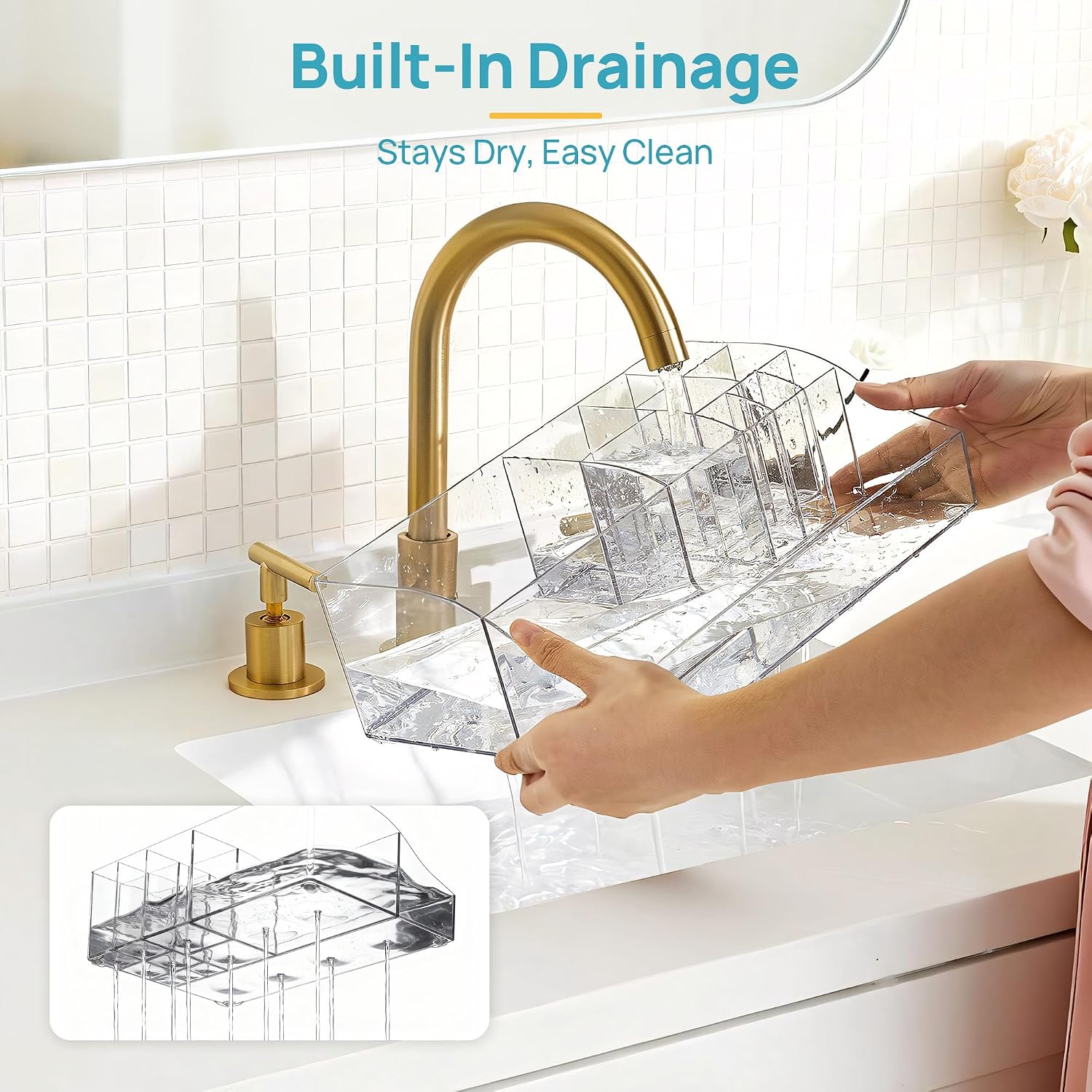 Vtopmart 6 PCS Bathroom Countertop Organizer, 1 Divided Tray with 4 Qtip Holder Jars and 1 Drawers, Restroom Clear Organizers for Toothbrush, Cotton Pads, Vanity Accessories Storage Set - Image 6