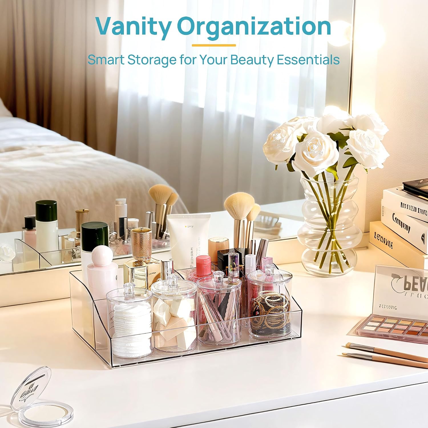 Vtopmart 6 PCS Bathroom Countertop Organizer, 1 Divided Tray with 4 Qtip Holder Jars and 1 Drawers, Restroom Clear Organizers for Toothbrush, Cotton Pads, Vanity Accessories Storage Set - Image 7