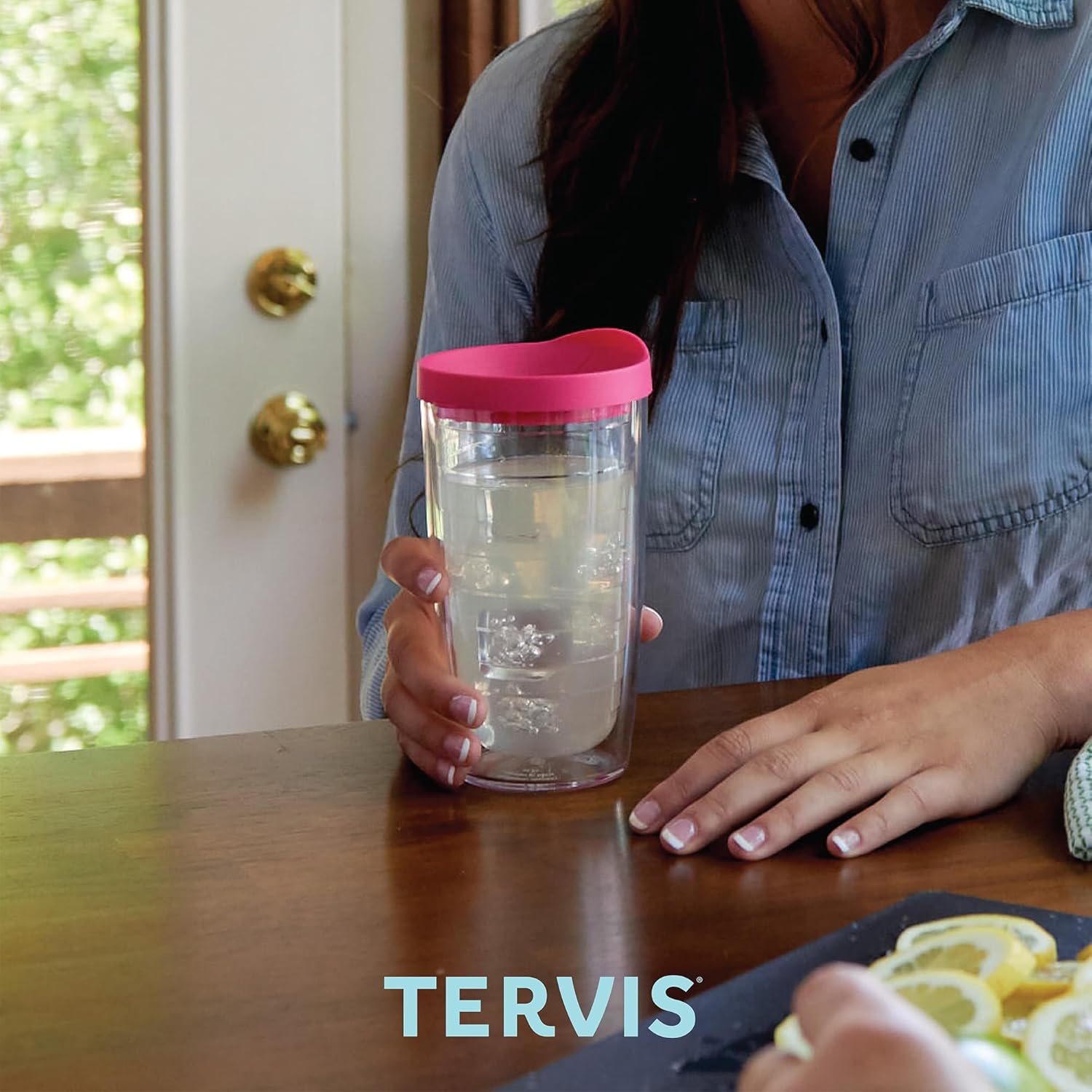 Tervis Clear & Colorful Lidded Made in USA Double Walled Insulated Tumbler Travel Cup Keeps Drinks Cold & Hot, 16oz, Blue Lid - Image 7
