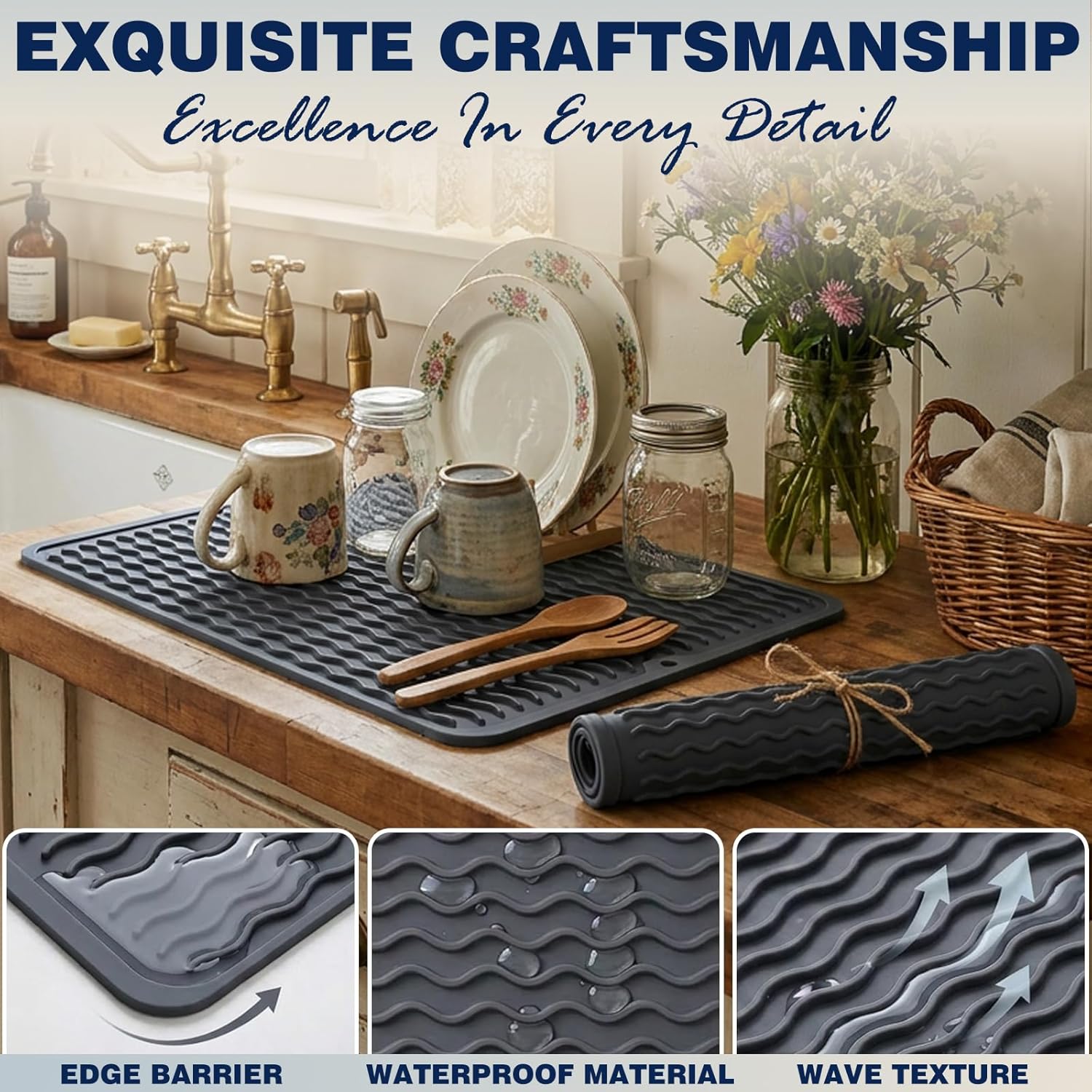 2 Pack Caketime Silicone Dish Drying Mat for Kitchen Counter Under Sink Protector Organizers Cooking Baking for Blackstone Griddle Accessories Coffee Mats Appliance Stone Rack Trays Drain Black - Image 5