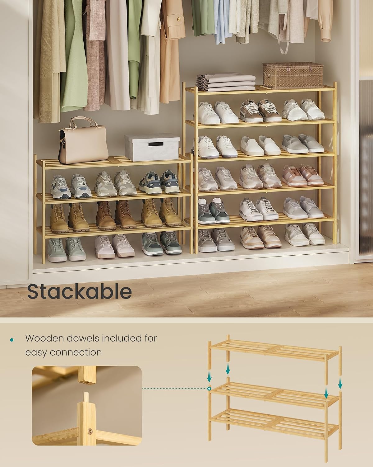 SONGMICS Bamboo Shoe Rack for Closet, Stackable Shoe Oragnizer with Modular Structure, Space-Saving Free Standing Shelf for Entryway Bedroom, 4-Tier, Holds 15-20 Pairs, Natural Color ULBS054YL01 - Image 5