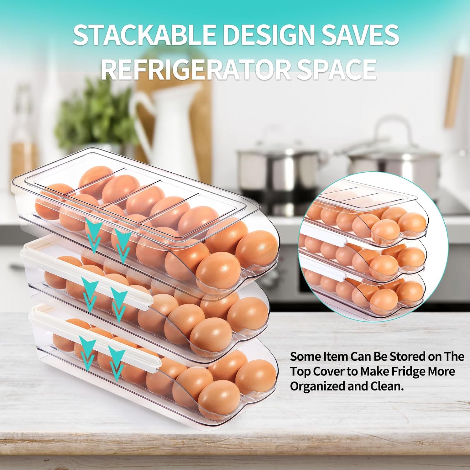 RoskDeewat Egg Holder for Fridge, Automatically Rolling Egg Container for Refrigerator, Clear Plastic Fridge Organizers and Storage with Lid, Stackable Egg Dispenser & Tray (3 Tier) - Image 5