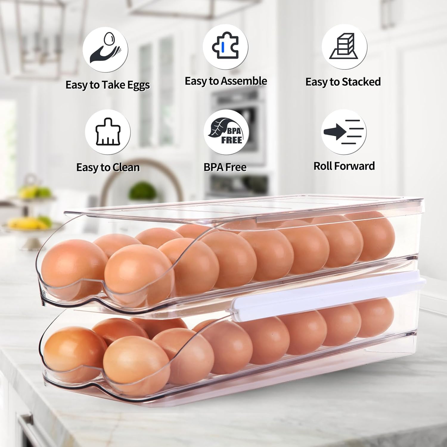 RoskDeewat Egg Holder for Fridge, Automatically Rolling Egg Container for Refrigerator, Clear Plastic Fridge Organizers and Storage with Lid, Stackable Egg Dispenser & Tray (3 Tier) - Image 6