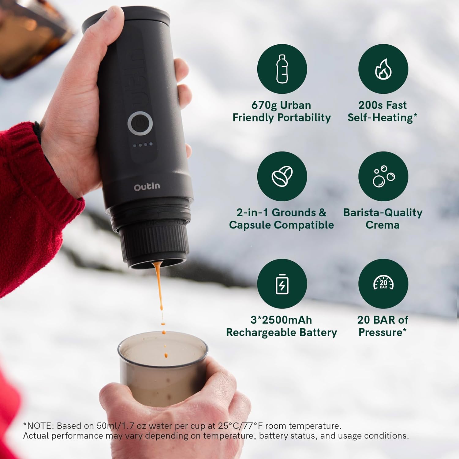 OutIn Nano Portable Electric Espresso Machine, Travel Coffee Maker for Camping, Car Coffee Maker Self-Heating with USB-C, With Ground Coffee & NS Capsule for RV, Hiking, Office - Image 3