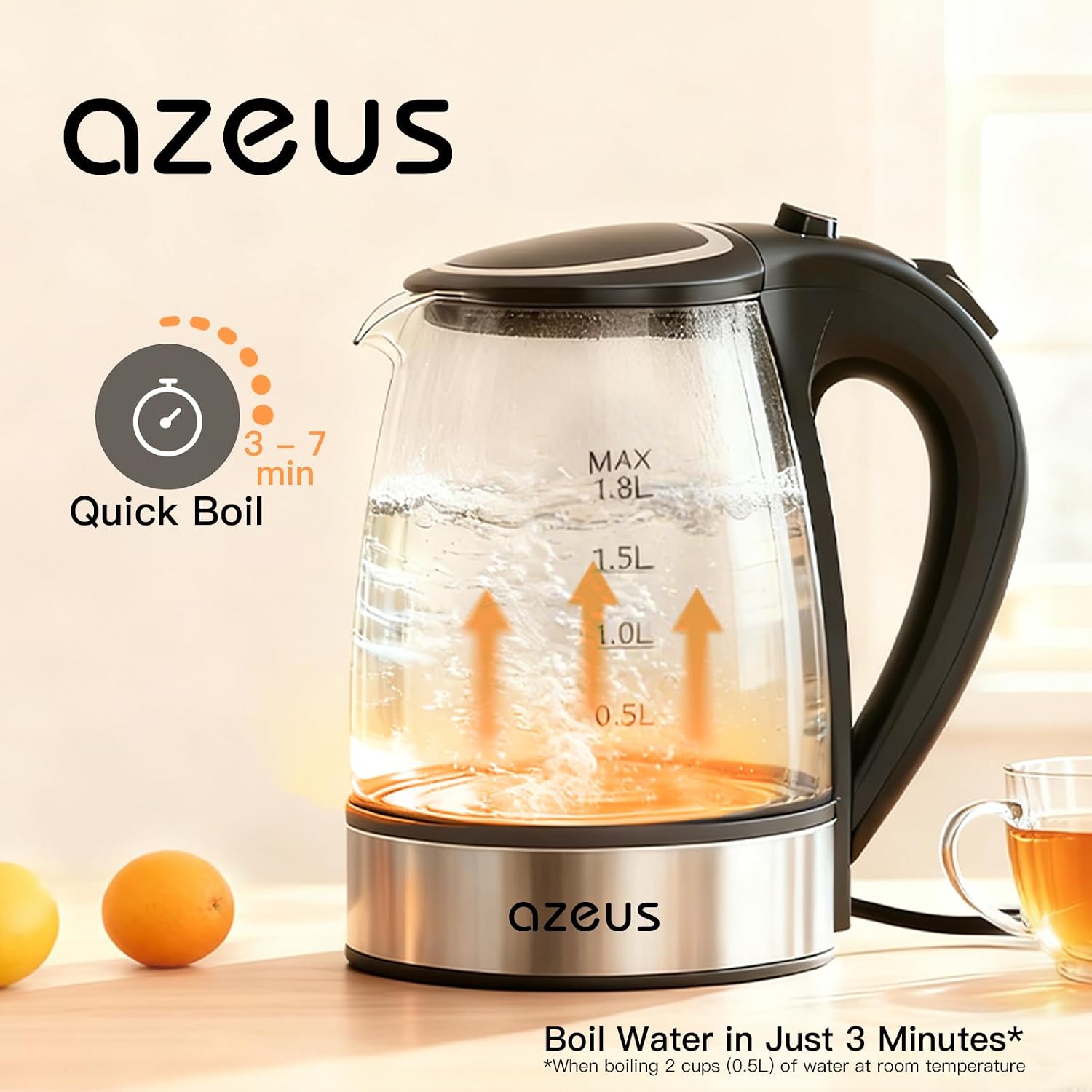 AZEUS Electric Kettle 1500W Tea Kettle, 1.8L Large Capacity with Auto Shut-Off and Boil-Dry Protection, BPA-Free - Image 2