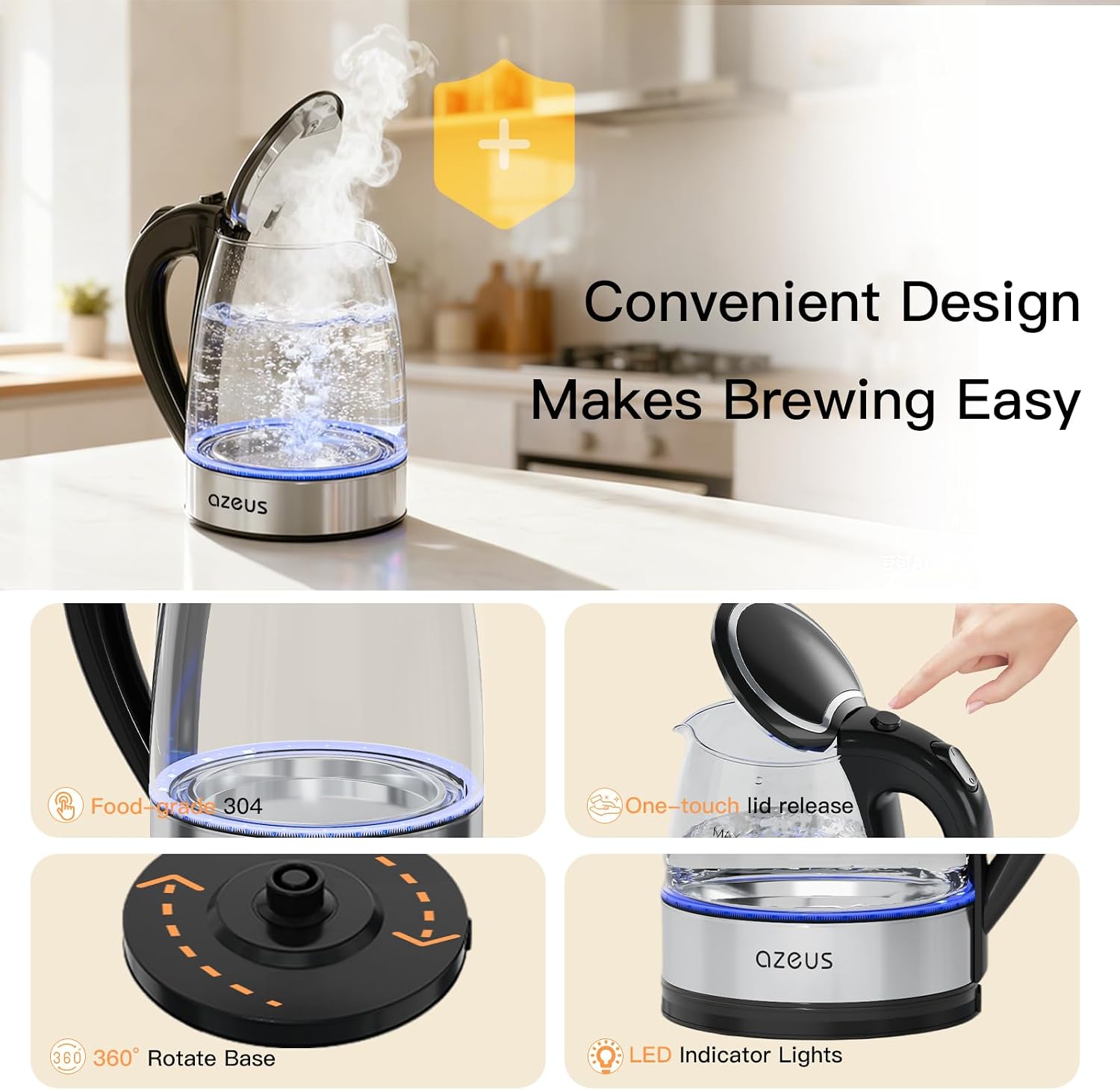 AZEUS Electric Kettle 1500W Tea Kettle, 1.8L Large Capacity with Auto Shut-Off and Boil-Dry Protection, BPA-Free - Image 4