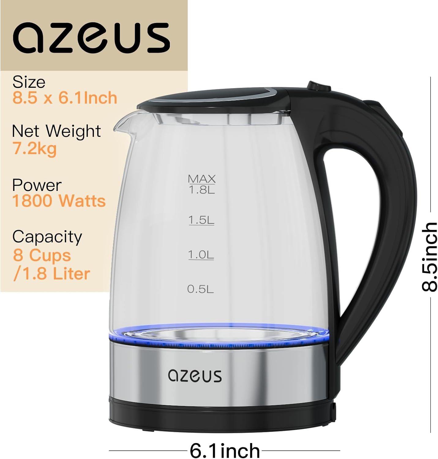 AZEUS Electric Kettle 1500W Tea Kettle, 1.8L Large Capacity with Auto Shut-Off and Boil-Dry Protection, BPA-Free - Image 7