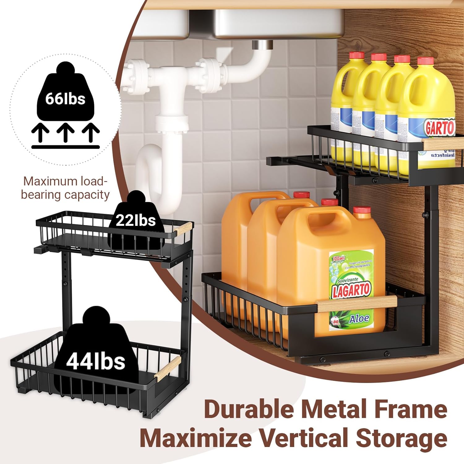 4 Pack L-Shape Under Sink Organizer, 2 Tier Pull Out Cabinet Organizer with 5-Level Adjustable Height, Double Sliding Metal Storage Rack for Kitchen Bathroom Pantry, Black - Image 3