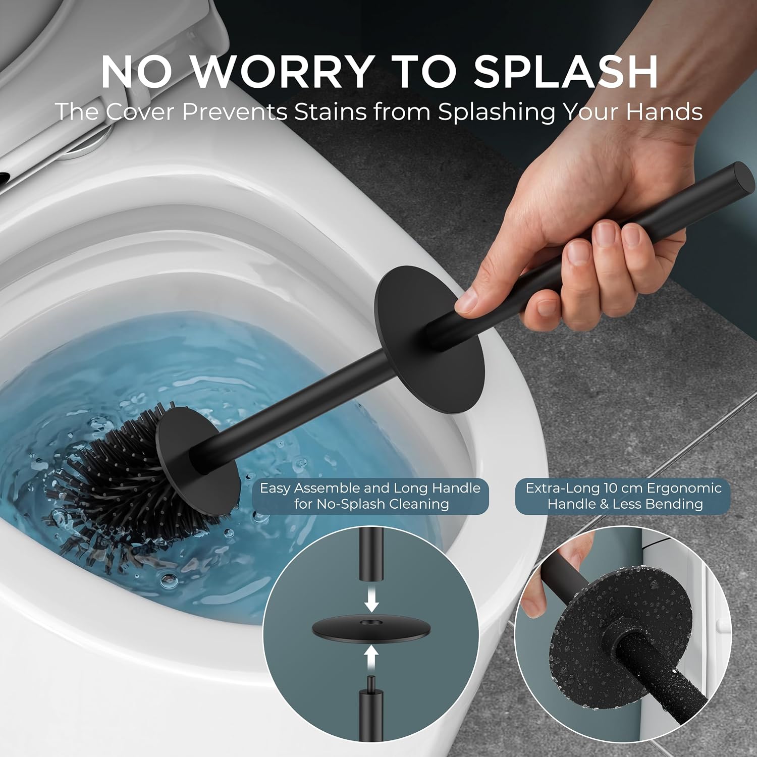 FORIOUS Toilet Brush and Holder Set, Heavy Duty 304 Stainless Steel Base Square and Long Handle for Bathroom Deep Cleaning, Drip-Proof, Space Saving for Storage, 2 Toilet Bowl Brush Head, Black - Image 2