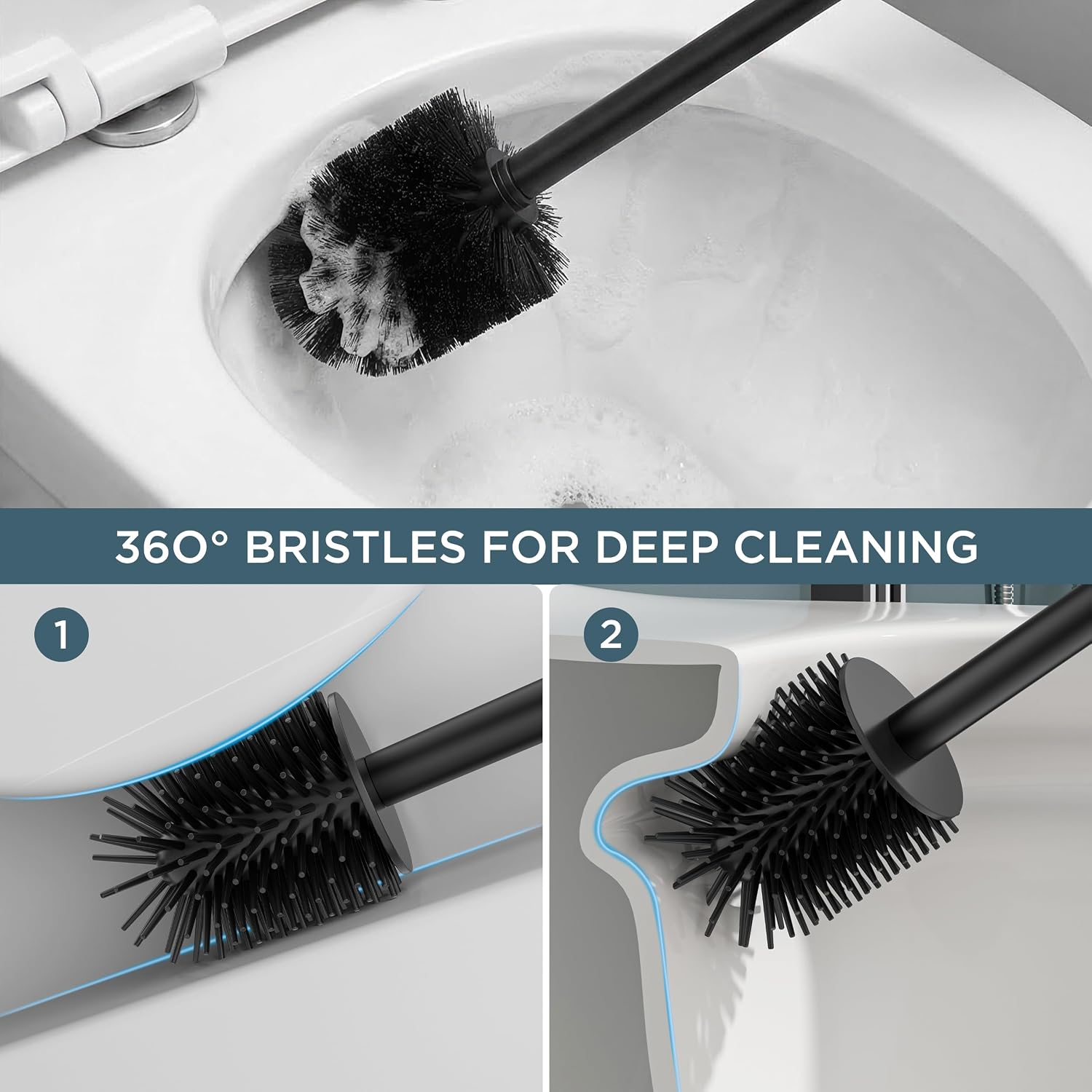 FORIOUS Toilet Brush and Holder Set, Heavy Duty 304 Stainless Steel Base Square and Long Handle for Bathroom Deep Cleaning, Drip-Proof, Space Saving for Storage, 2 Toilet Bowl Brush Head, Black - Image 5