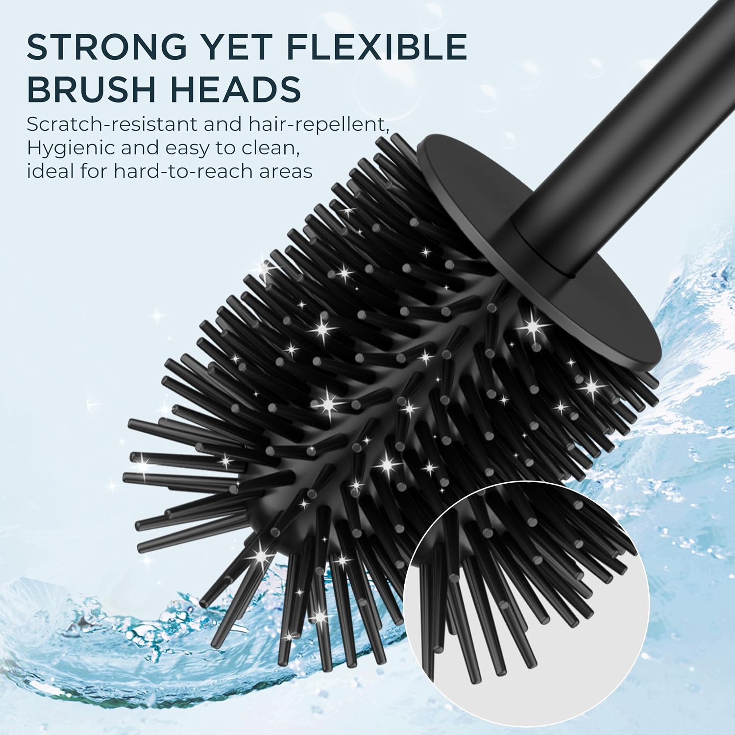 FORIOUS Toilet Brush and Holder Set, Heavy Duty 304 Stainless Steel Base Square and Long Handle for Bathroom Deep Cleaning, Drip-Proof, Space Saving for Storage, 2 Toilet Bowl Brush Head, Black - Image 7