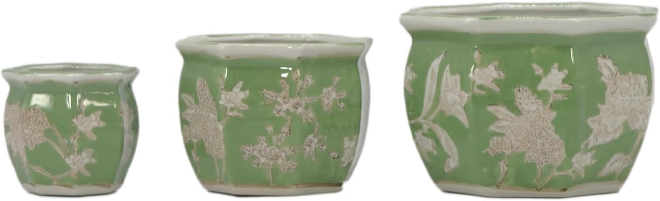 Galt International Green & White Floral Porcelain Ceramic Decorative Flower Pot 8"/6"/4.5" Garden Pots Chinese Asian Design - Set of 3 Green Fluted - Image 6