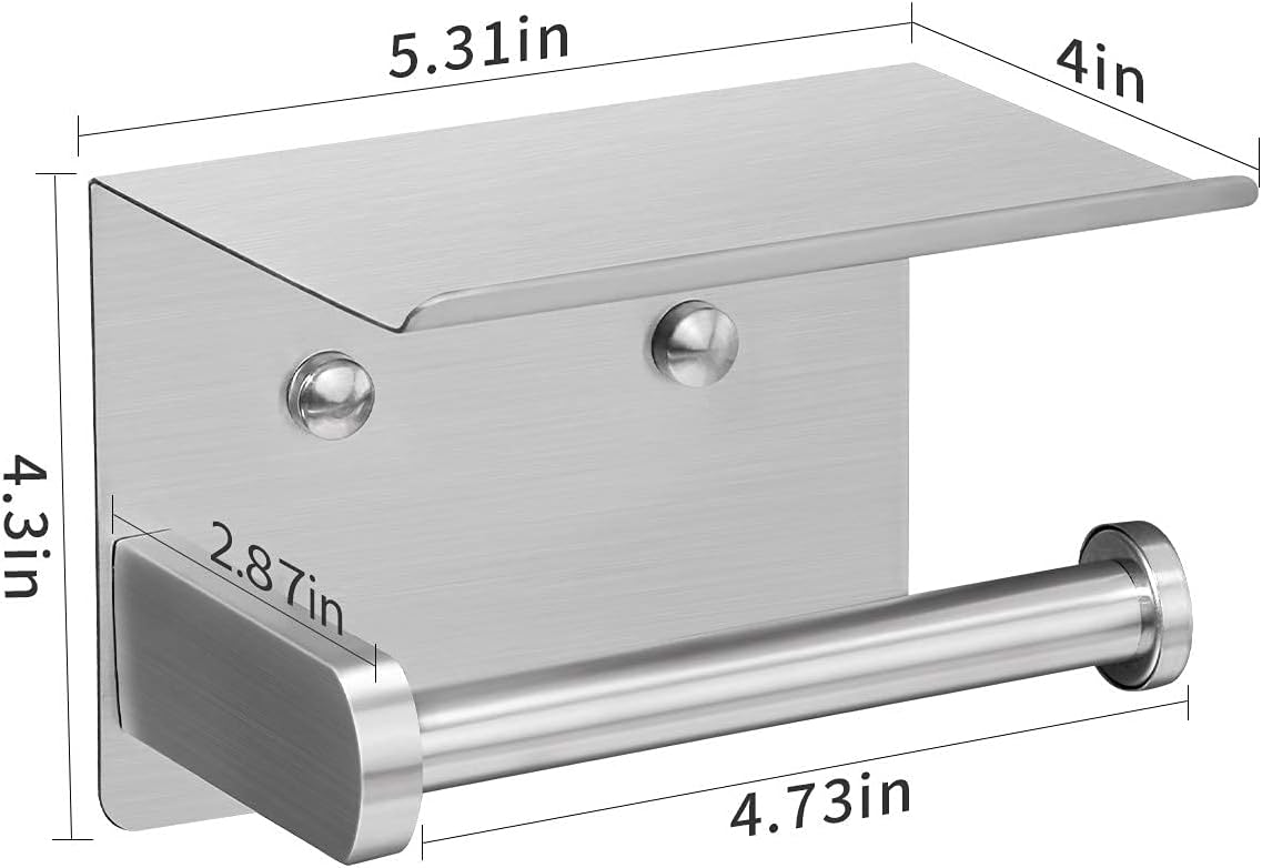 VAEHOLD Self Adhesive Toilet Paper Holder with Phone Shelf Stainless Steel Wall Mounted Toilet Paper Roll Holder - Rustproof and Bathroom Washroom Tissue Roll Holder with Storage Shelf - Silver - Image 5