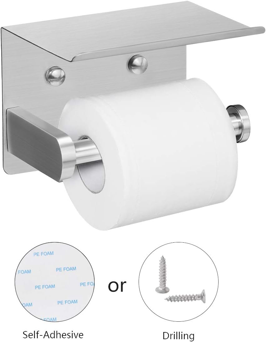 VAEHOLD Self Adhesive Toilet Paper Holder with Phone Shelf Stainless Steel Wall Mounted Toilet Paper Roll Holder - Rustproof and Bathroom Washroom Tissue Roll Holder with Storage Shelf - Silver - Image 2