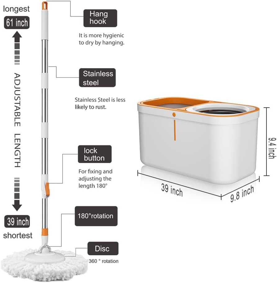Floor Spin Mop and Bucket Set with Wringer System Extended Stainless Steel Handle 61"for Home Floor Cleaning Use with 5 Replacement Head Refill and 1 Cleaning Brush Head - Image 5