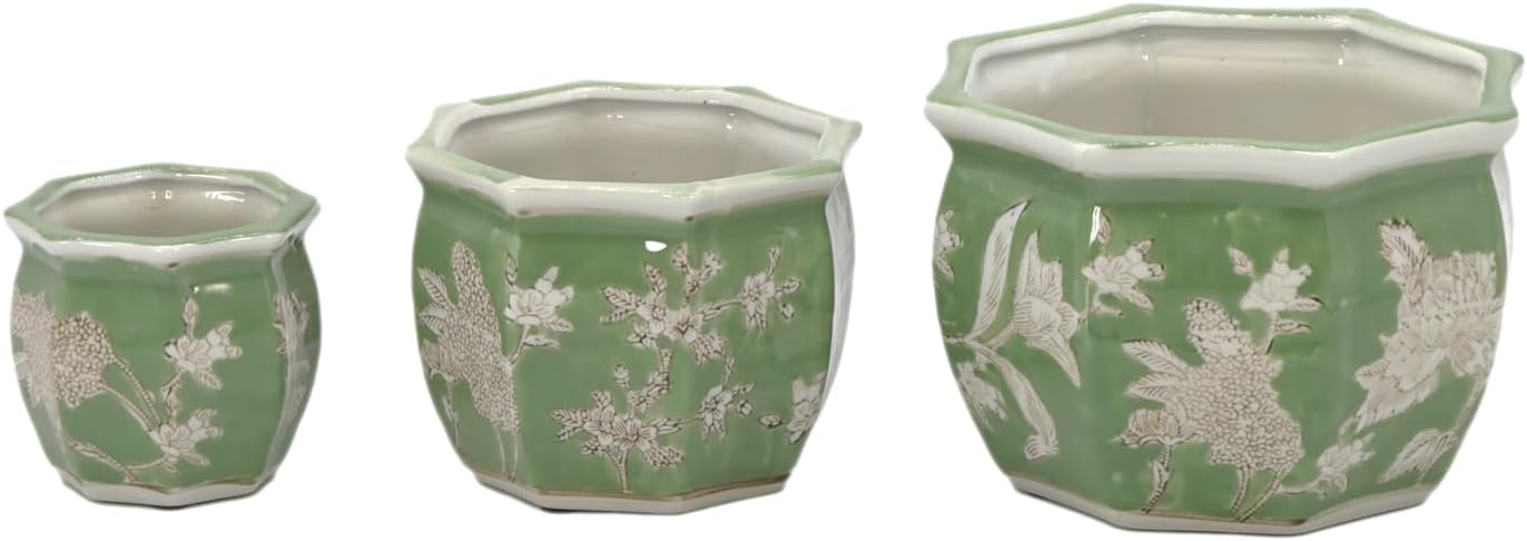 Galt International Green & White Floral Porcelain Ceramic Decorative Flower Pot 8"/6"/4.5" Garden Pots Chinese Asian Design - Set of 3 Green Fluted - Image 5