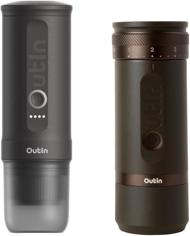OutIn Nano Portable Electric Espresso Machine with Fino Portable Electric Coffee Grinder, Brown & Grey