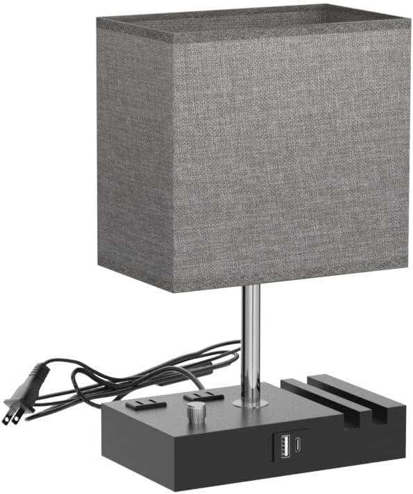 Kakanuo Fully Dimmable Nightstand Lamp for Bedroom with USB C Ports, Grey Small Bedside Table Lamp with Charging Outlets and Phone Stands, Wooden Desk Lamp for Living Room, LED Bulb Included - Image 4