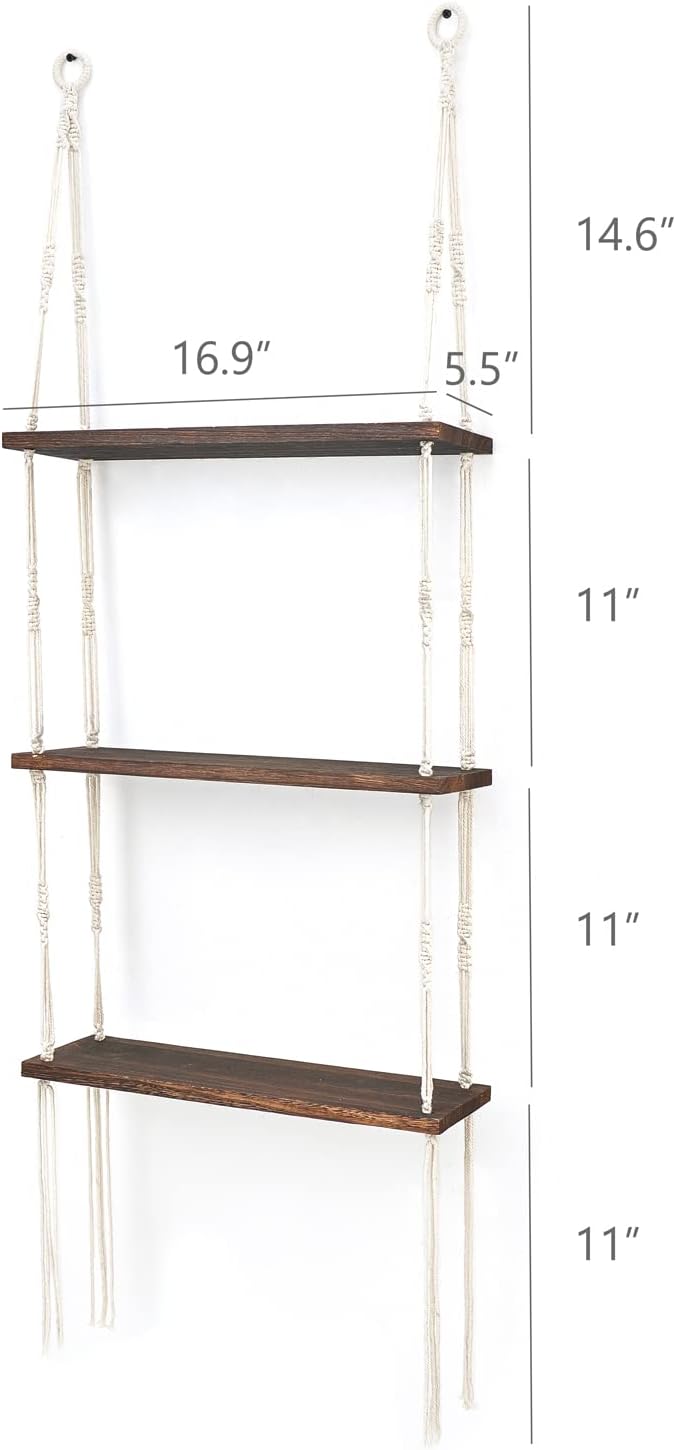 Mkono Macrame Wall Hanging Shelf 3 Tier Wood Floating Shelves with Cute Woven Rope Boho Room Decor Display Photos Plant Hanging Storage Shelves for Bathroom, Bedroom, Living Room, Nursery - Image 3