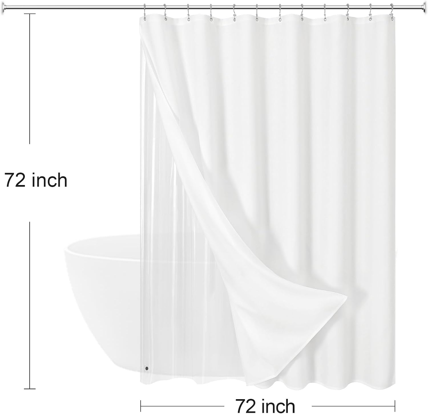 MitoVilla 3 in 1 Shower Curtain Set, White Modern Slub Textured Fabric Shower Curtain and Clear PEVA Liner Set with 12 Double Sided Steel Hooks, Waterproof Fabric Hotel Bathroom Curtain - 72x72 - Image 7