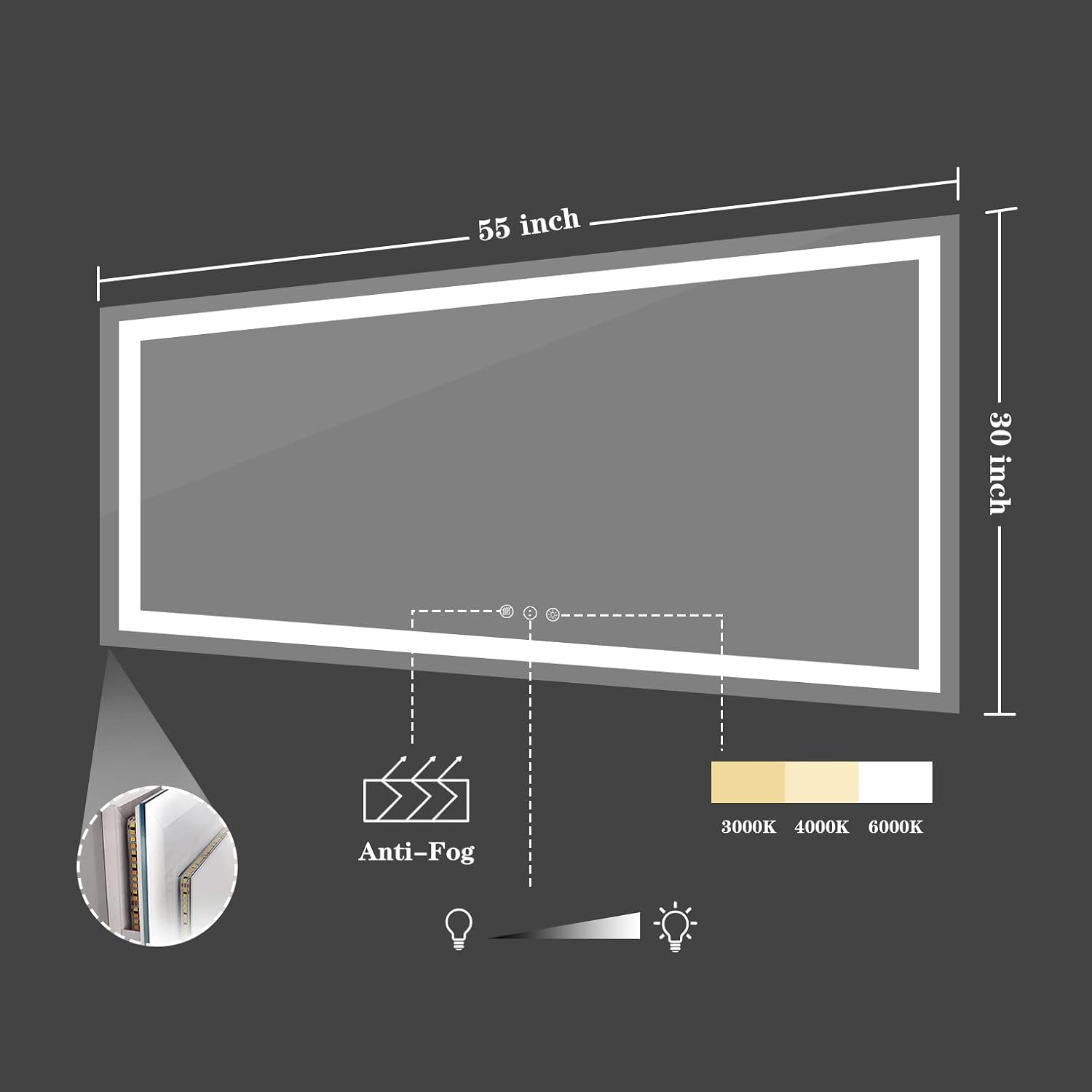 Amorho LED Bathroom Mirror, 55" X30" Mirror with Front Light and Backlit, Dimmable Bathroom Mirrors for Wall, Anti-Fog, Memory, 3 Colors, Double LED Lights, Shatter-Proof, ETL Listed - Image 5