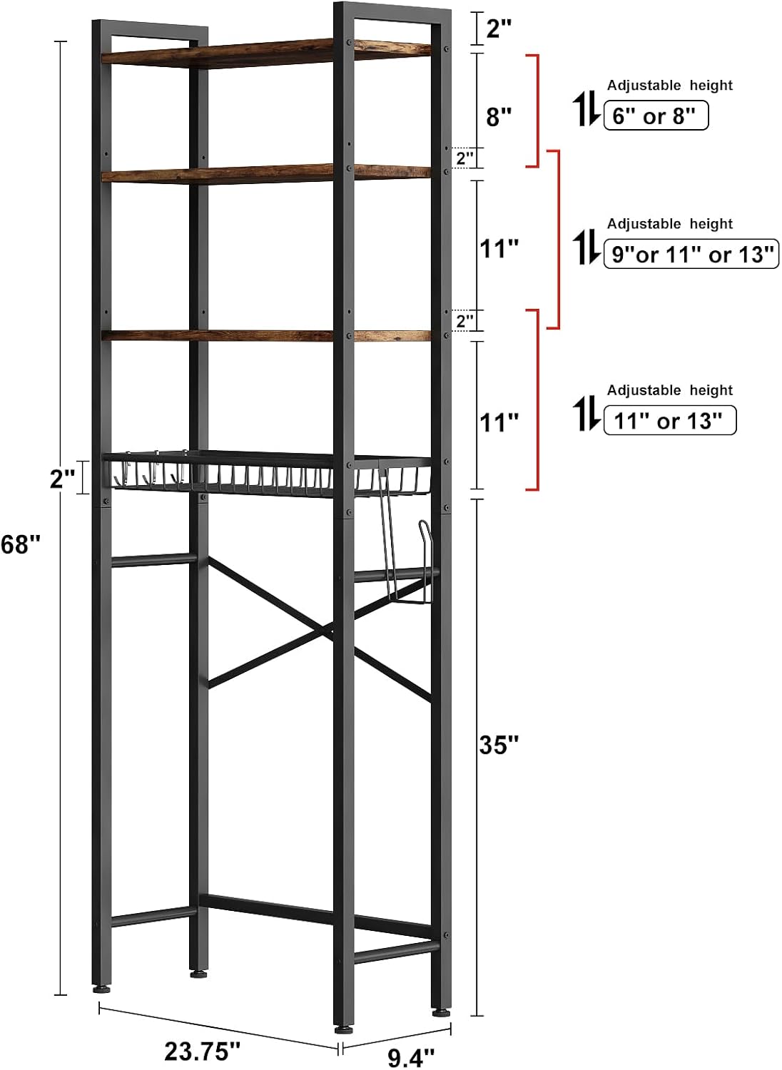 Kalrin Over-The-Toilet Storage Rack, 4-Tier Bathroom Organizer Shelf Over Toilet with Adjustable Shelf and Basket, Freestanding Space Saver Bathroom Shelves Above Toilet for Room (Vintage Brown) - Image 5