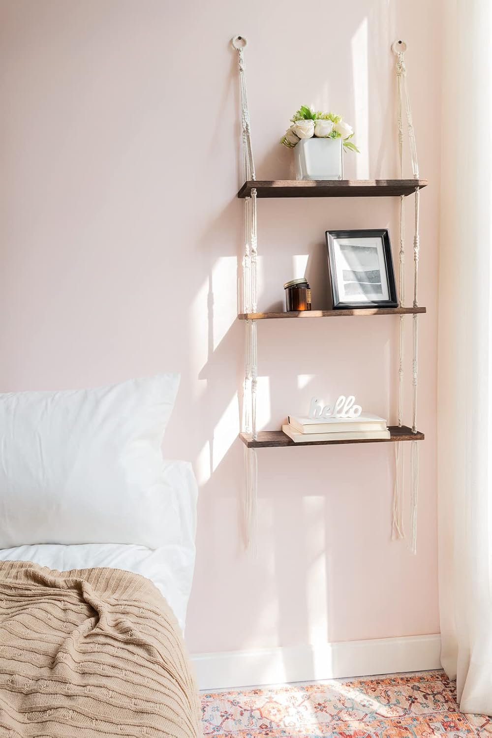 Mkono Macrame Wall Hanging Shelf 3 Tier Wood Floating Shelves with Cute Woven Rope Boho Room Decor Display Photos Plant Hanging Storage Shelves for Bathroom, Bedroom, Living Room, Nursery - Image 4