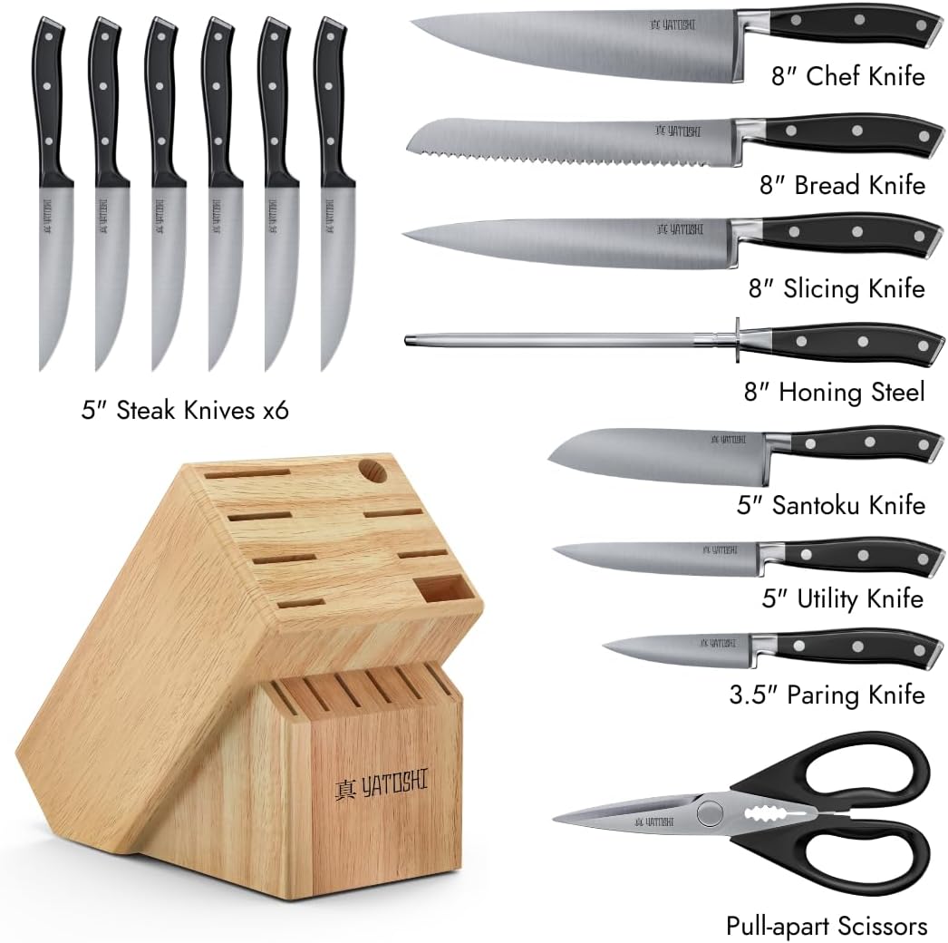 Yatoshi 15 Piece Black Knife Block Set - Pro Kitchen Knife Set Ultra Sharp High Carbon Stainless Steel with Ergonomic Handle - Image 2