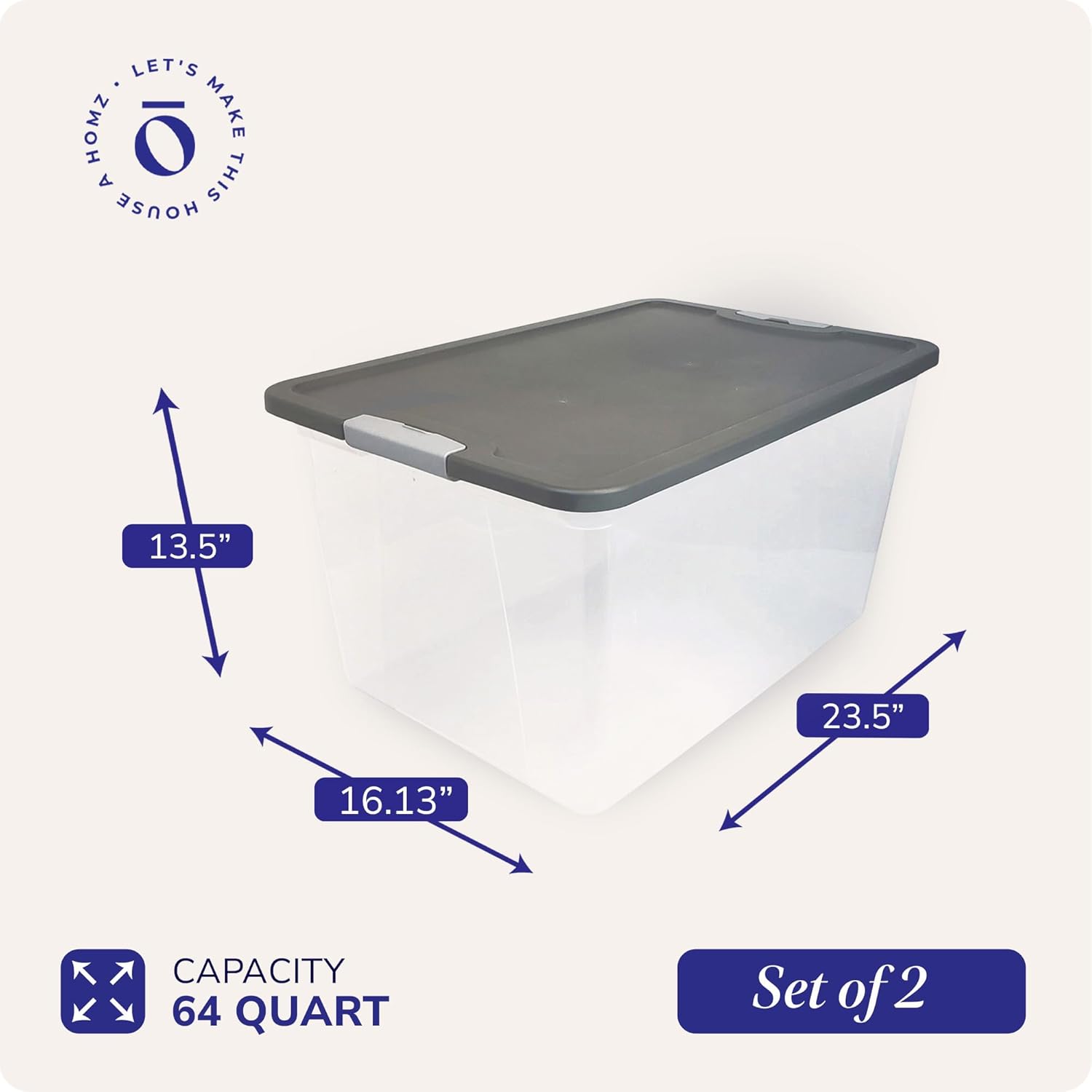 HOMZ 2-Pack Secure Latch, Clear Plastic Storage Organizer Bins, 64 Quart, Gray Lid - Heavy-Duty Container Boxes with Lids for Home, Office, and Garage - Image 5