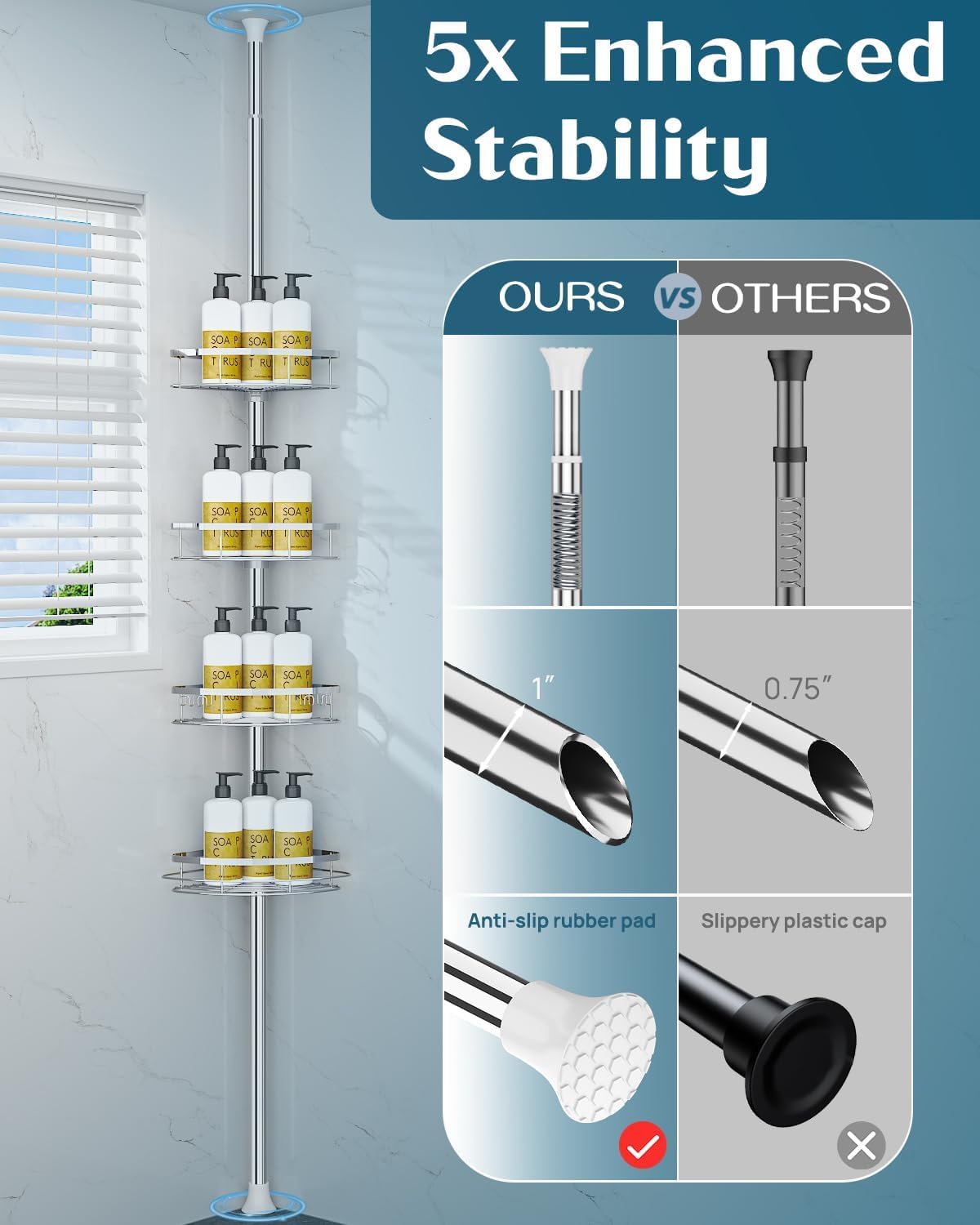 SEIRIONE Rustproof Shower Corner Caddy Organizer for Bathroom, 4 Adjustable Shelves with Tension Pole, for Bathtub Shampoo Accessories Storage Holder, 34 to 116 Inch Height, Silver - Image 4