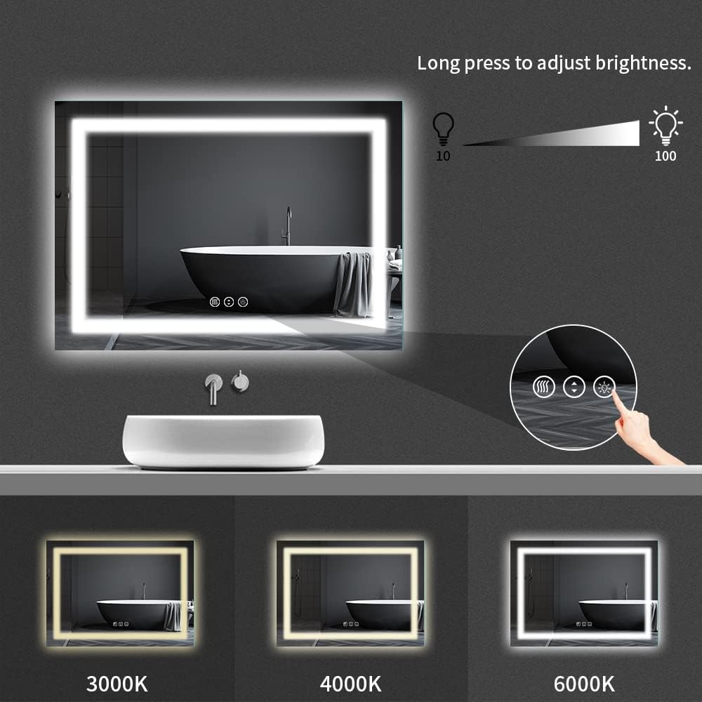 Amorho LED Bathroom Mirror, 48"x 32" with Front and Backlight, Stepless Dimmable Wall Mirrors with Anti-Fog, Shatter-Proof, Memory, 3 Colors, Double LED Vanity Mirror - Image 4