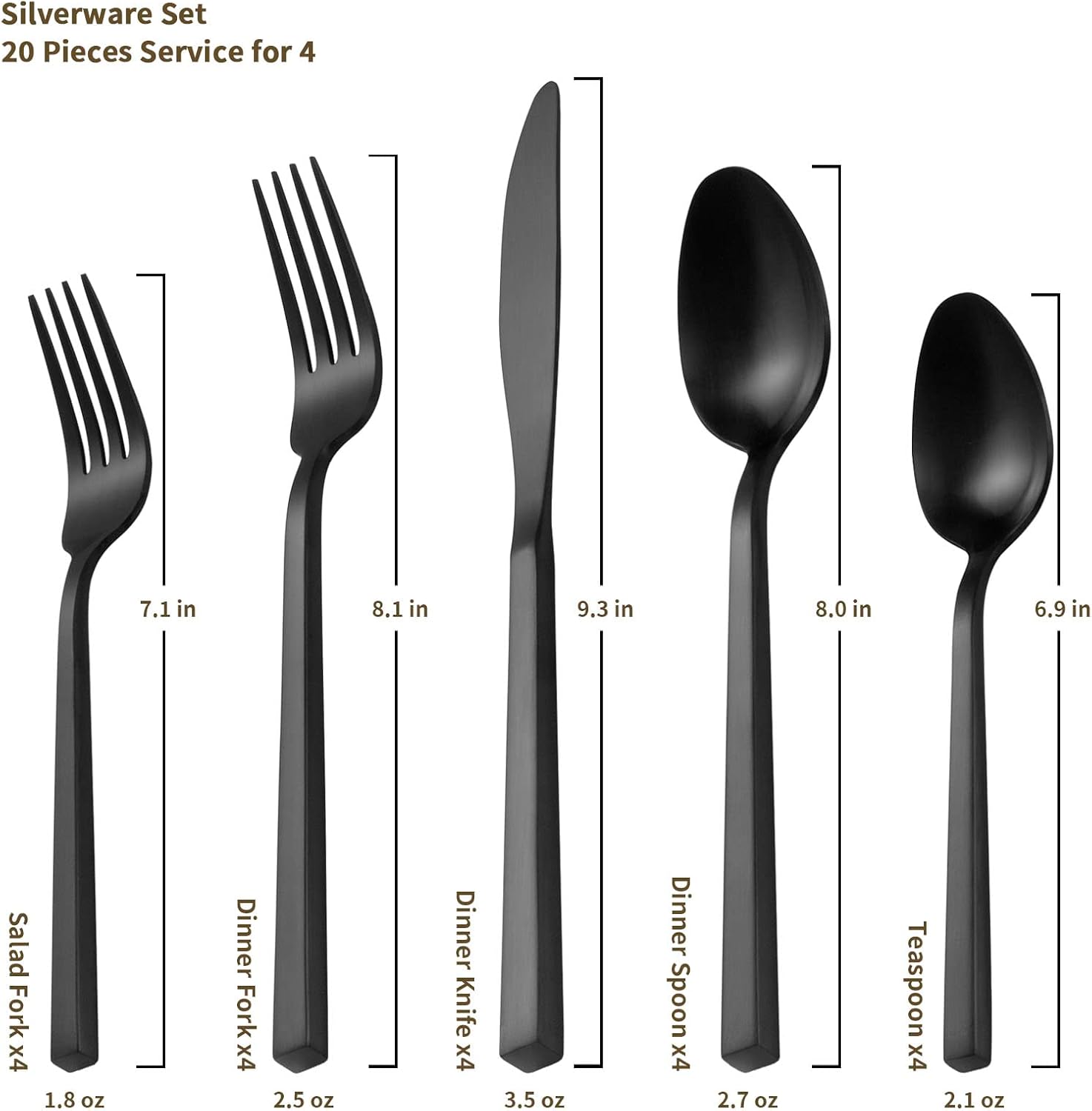 Alata Cube Black 20-Piece Forged Silverware Set Stainless Steel Flatware Set,Service for 4,Matte Satin Polished Cutlery Set,Dishwasher Safe - Image 5