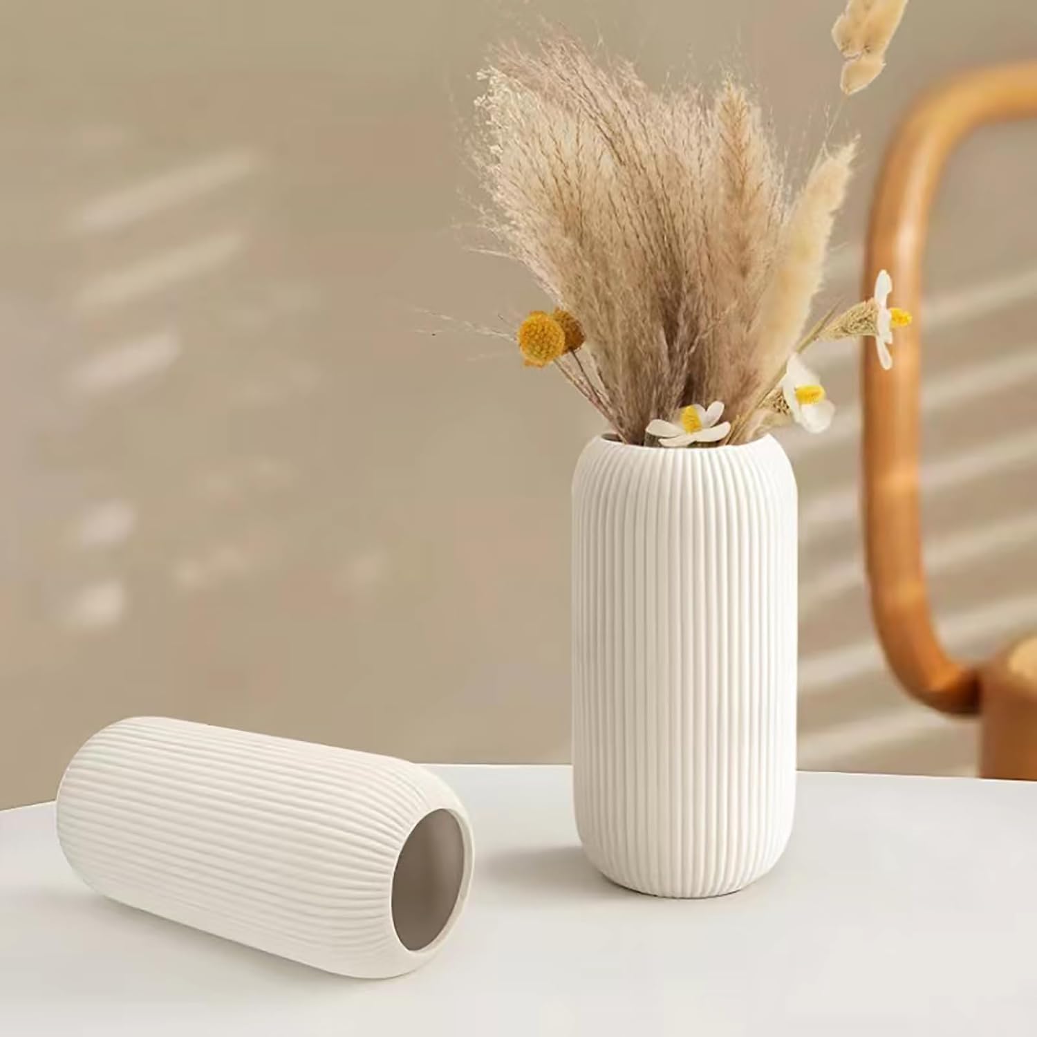 Ceramic Vase for Flowers – Modern Small Ribbed Textured Flower Vase for Home Decor, Pampas Grass, Decorative, Farmhouse, Coffee Table, Kitchen Centerpieces, Bookshelf and Home Living (White) - Image 3