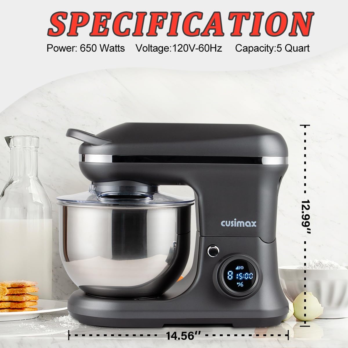 CUSIMAX Stand Mixer, Dough Mixer with Digital Switch Control Timer 15mins & 8-Speed, 5-Quart 650W kitchen Electric Mixer, Tilt-Head with handle, Dough Hook, Wire Whip & Beater, Grey - Image 7